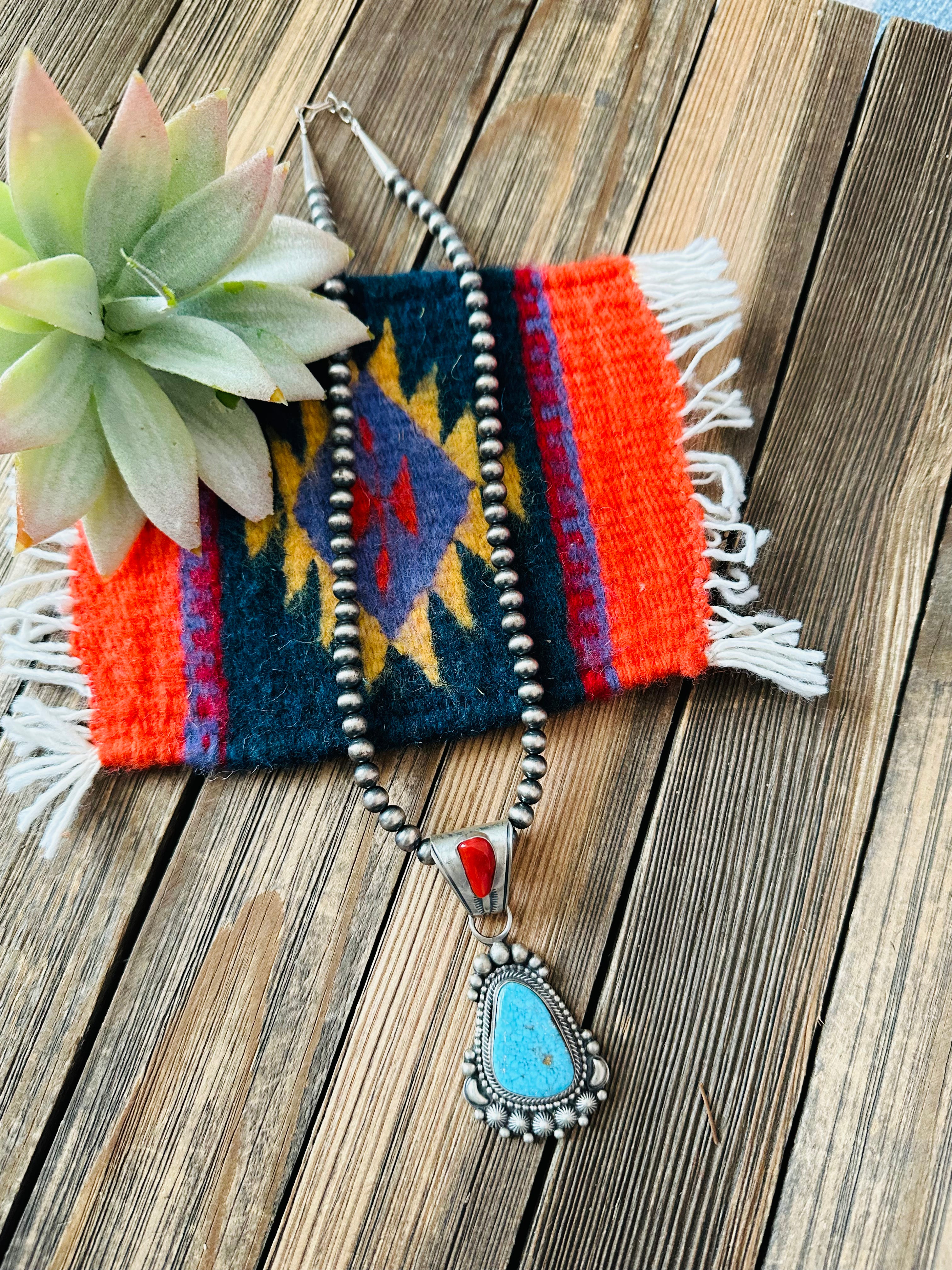 Navajo Sterling Silver, Turquoise & Coral Beaded Necklace