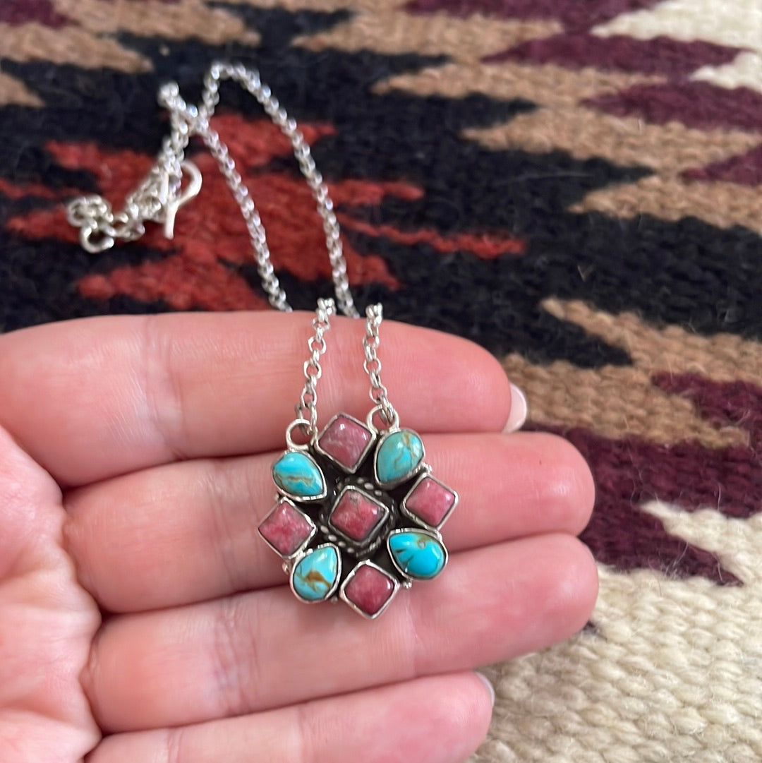 Handmade Sterling Silver, Rhodonite & Turquoise Necklace