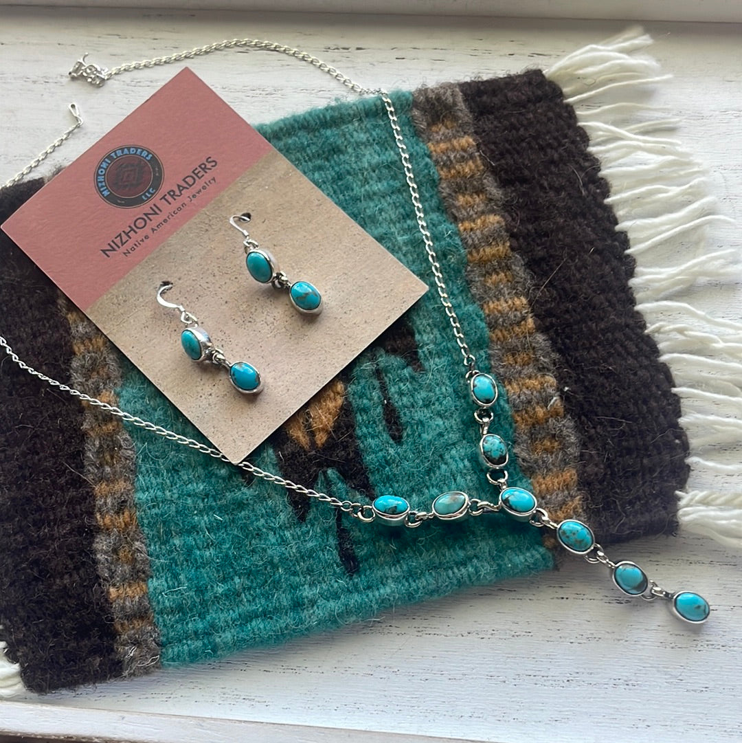 Navajo Sterling And Turquoise Drop Necklace And Earrings Set