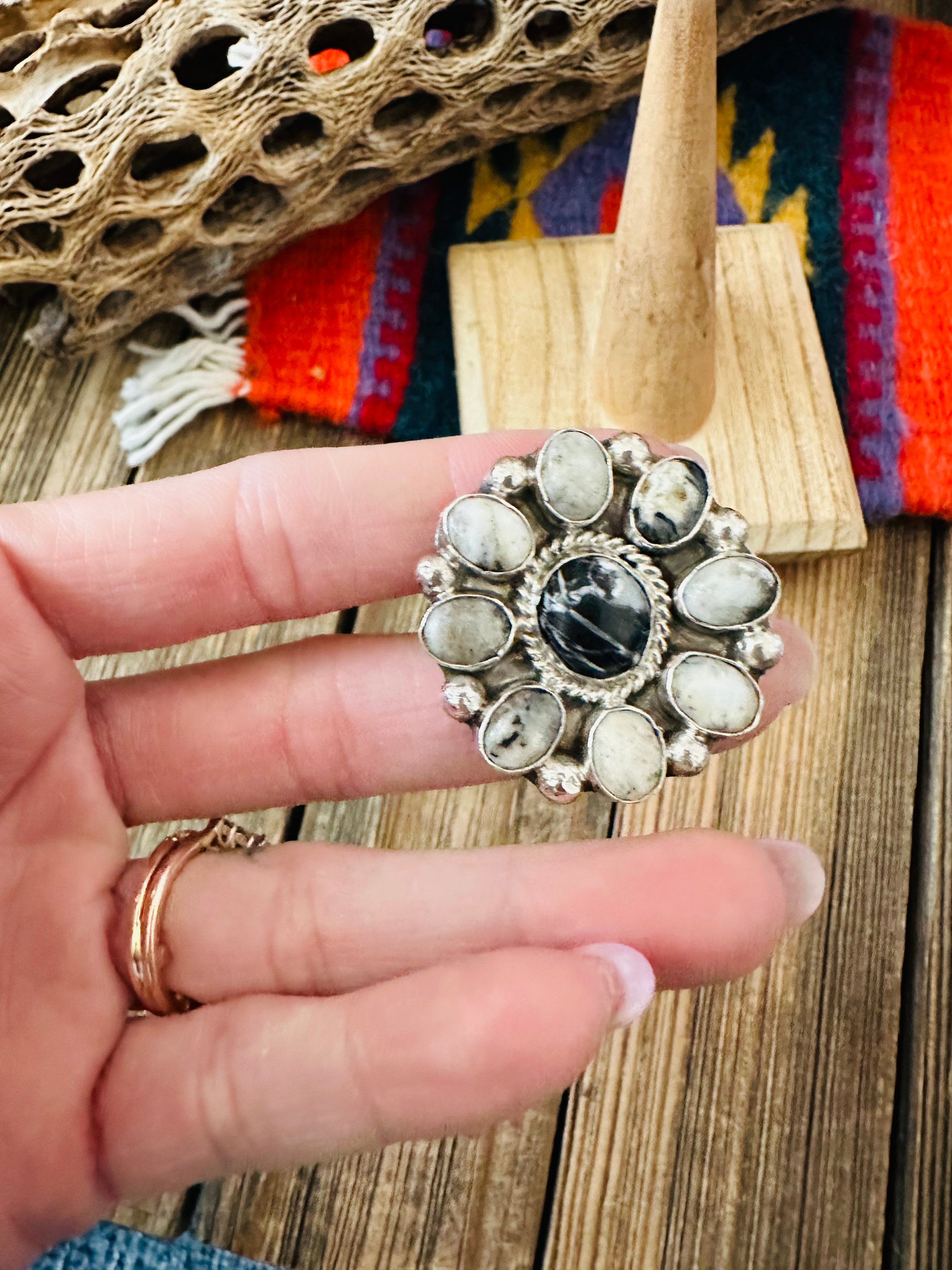 Navajo Sterling Silver And White Buffalo Cluster Adjustable Ring