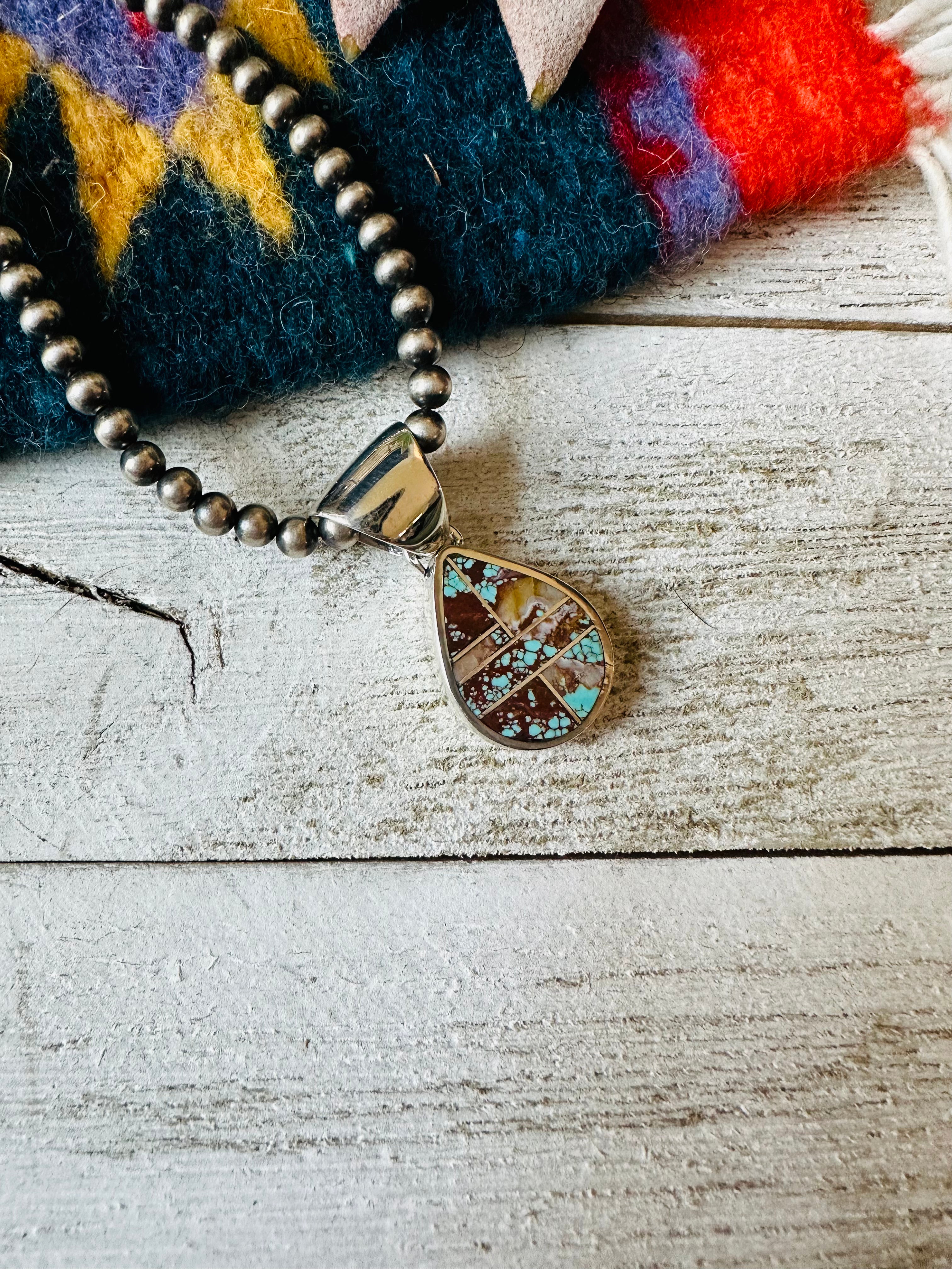 Navajo Number 8 Turquoise & Sterling Silver Teardrop Inlay Pendant