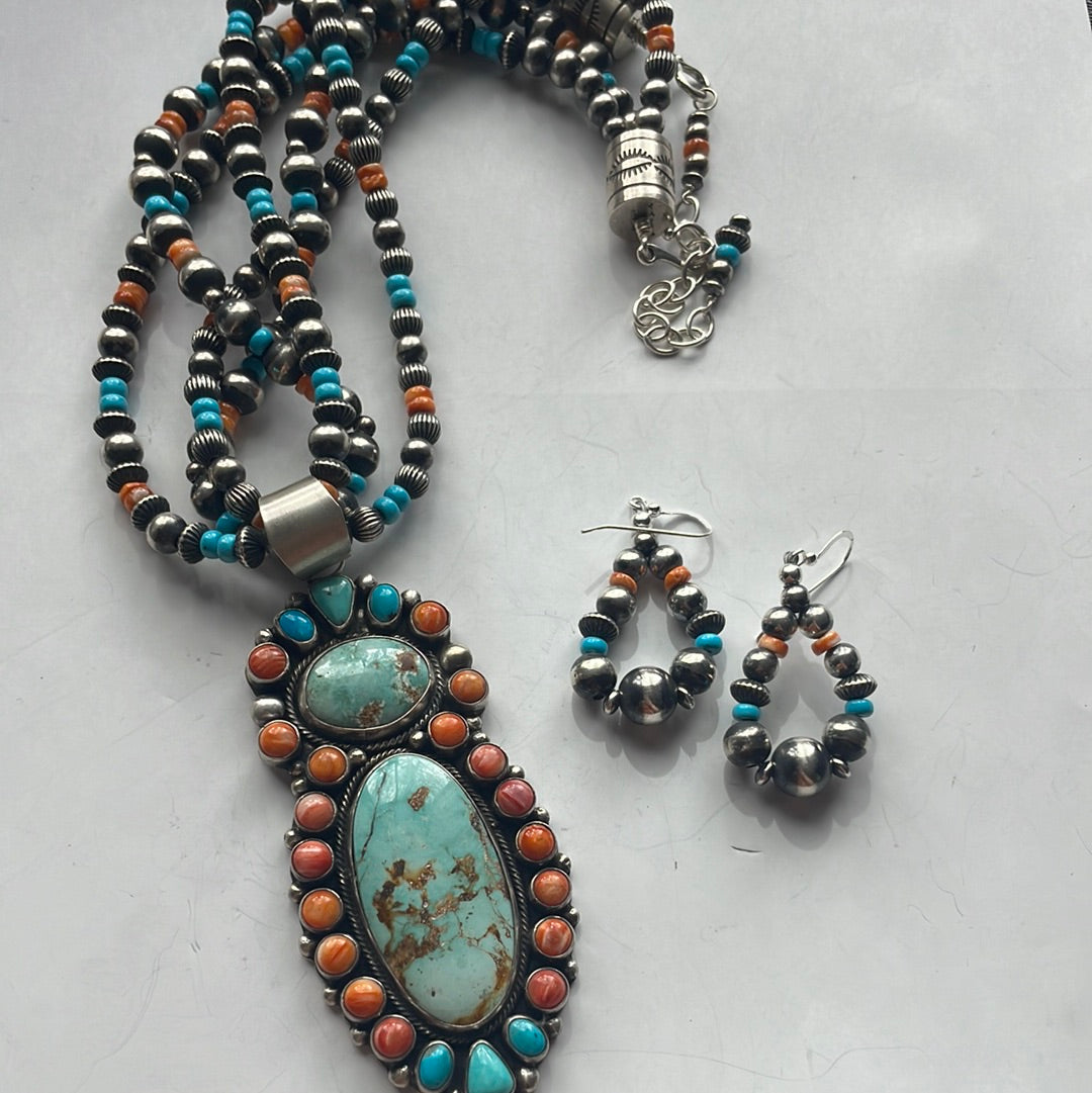 Navajo Beaded Turquoise, Spiny, & Sterling Silver Necklace Earrings Set Signed