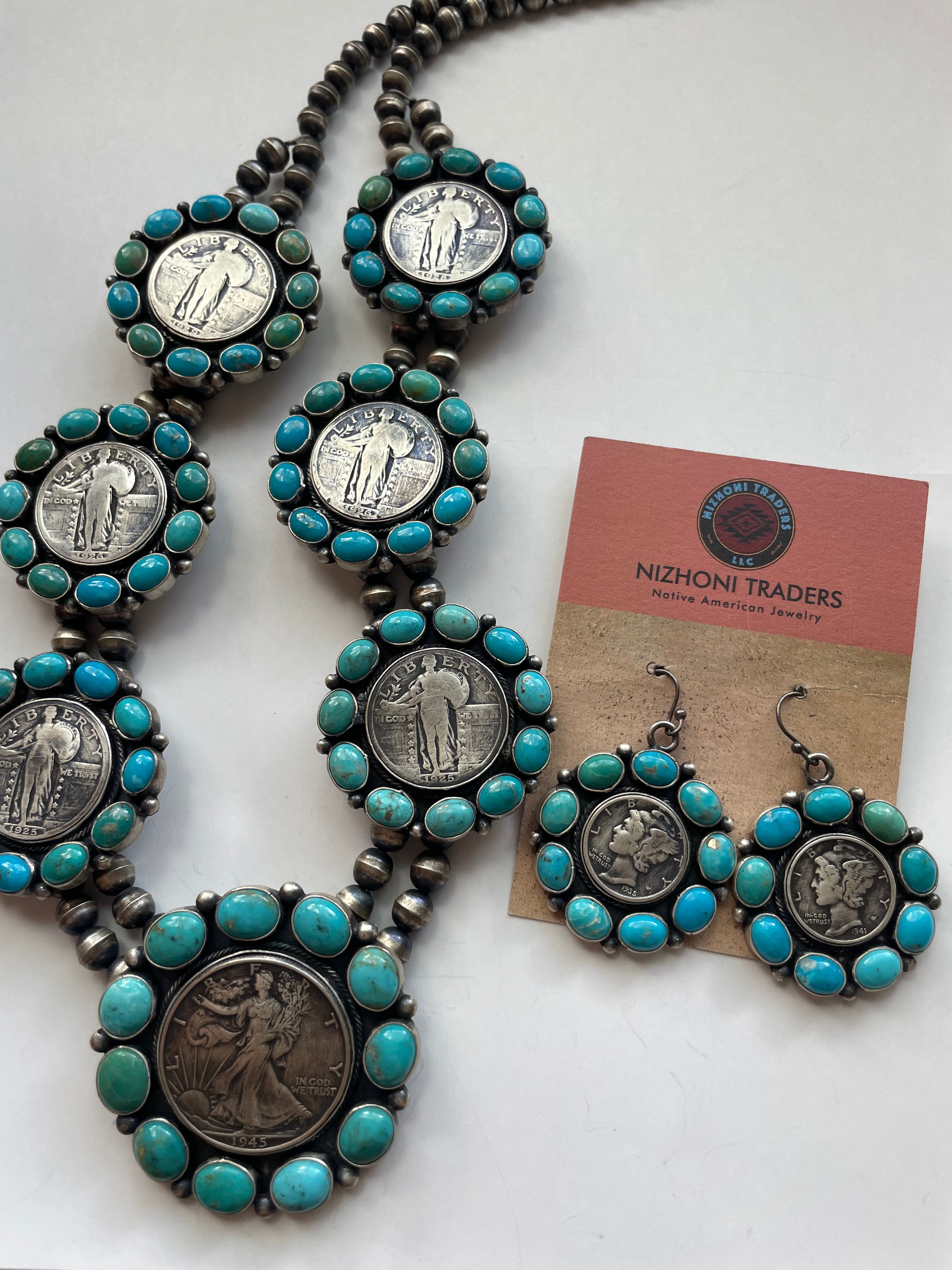 Navajo Turquoise & Sterling Silver Liberty Coin Necklace Earrings Set Signed Bea Tom