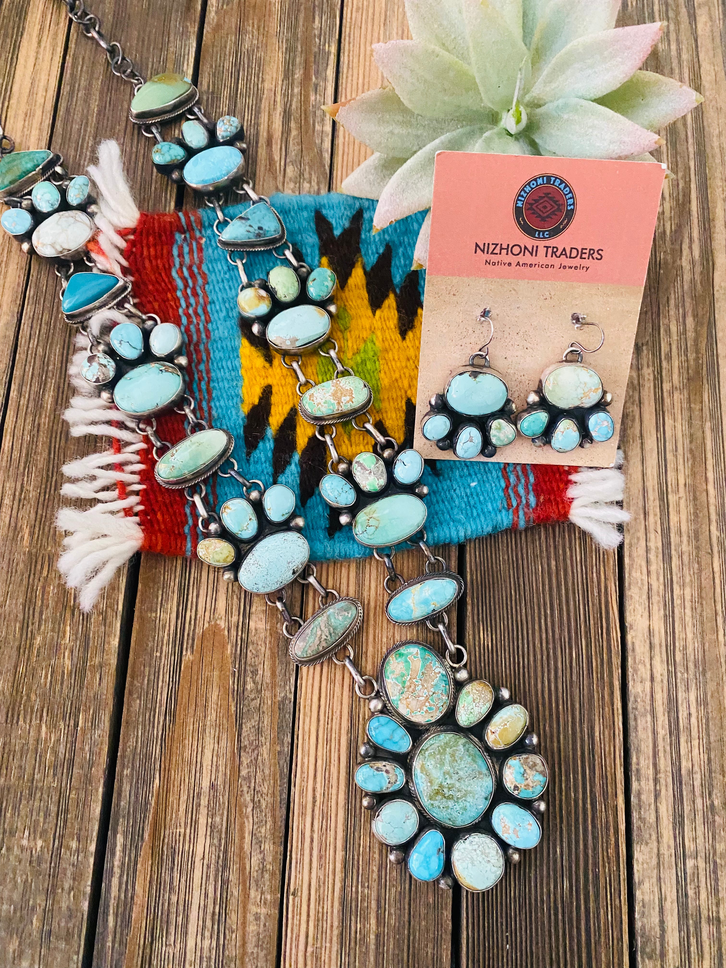 Stunning Navajo Carico Lake Turquoise & Sterling Silver Necklace Set