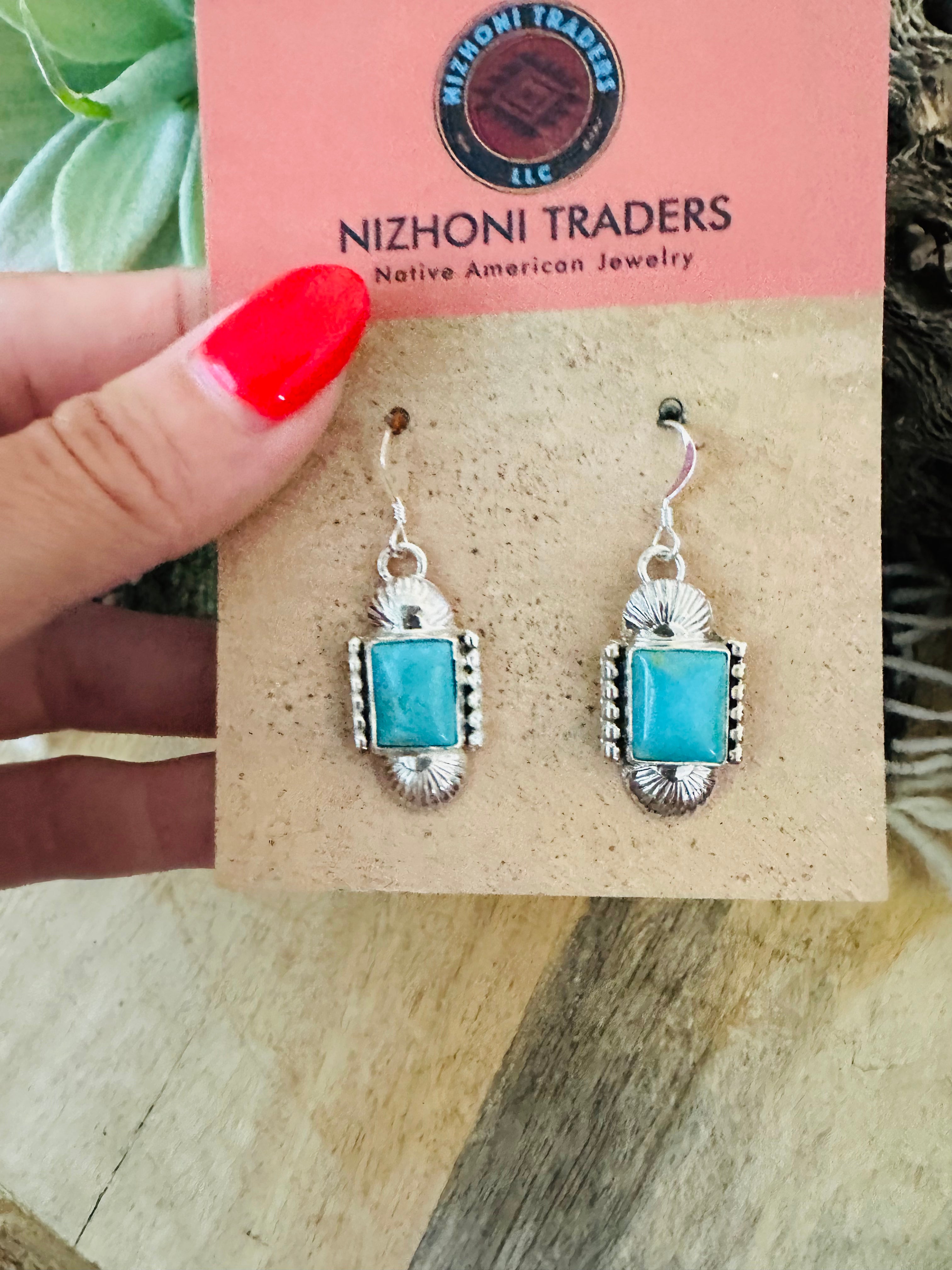 Navajo Turquoise & Sterling Silver Rectangle Dangle Earrings