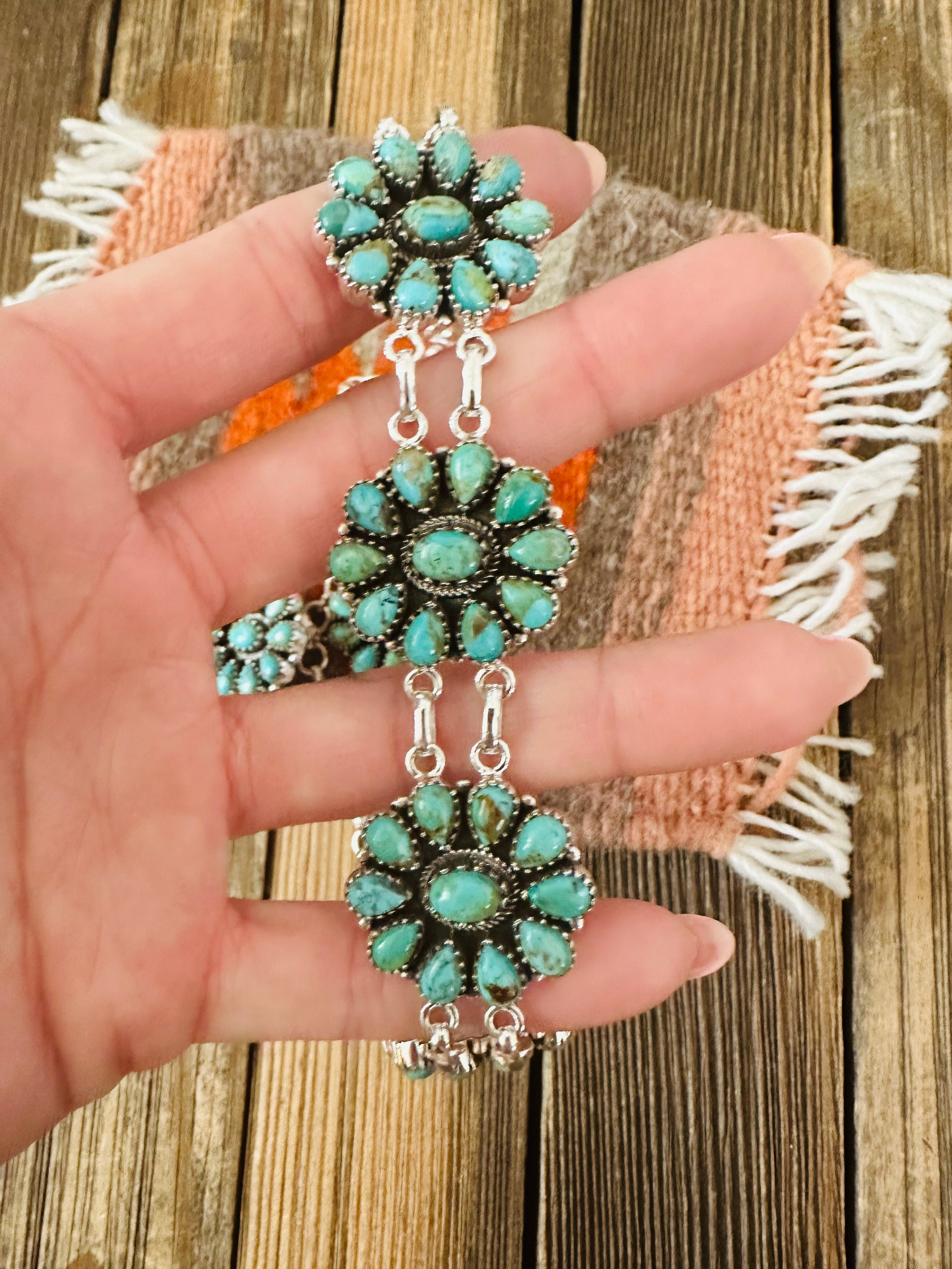 Handmade Sterling Silver & Kingman Turquoise Cluster Choker Set