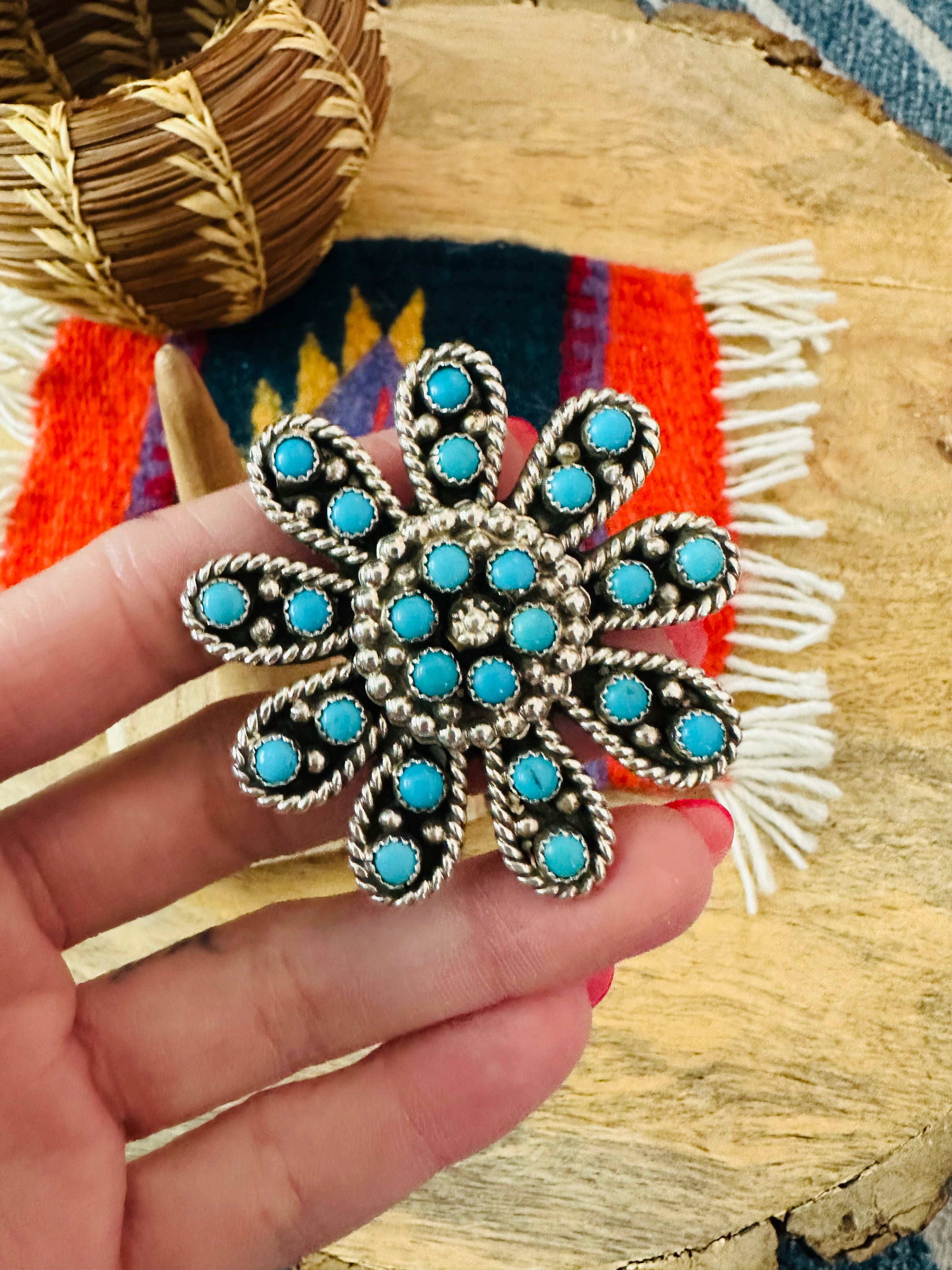 Navajo Turquoise & Sterling Silver Flower Adjustable Ring