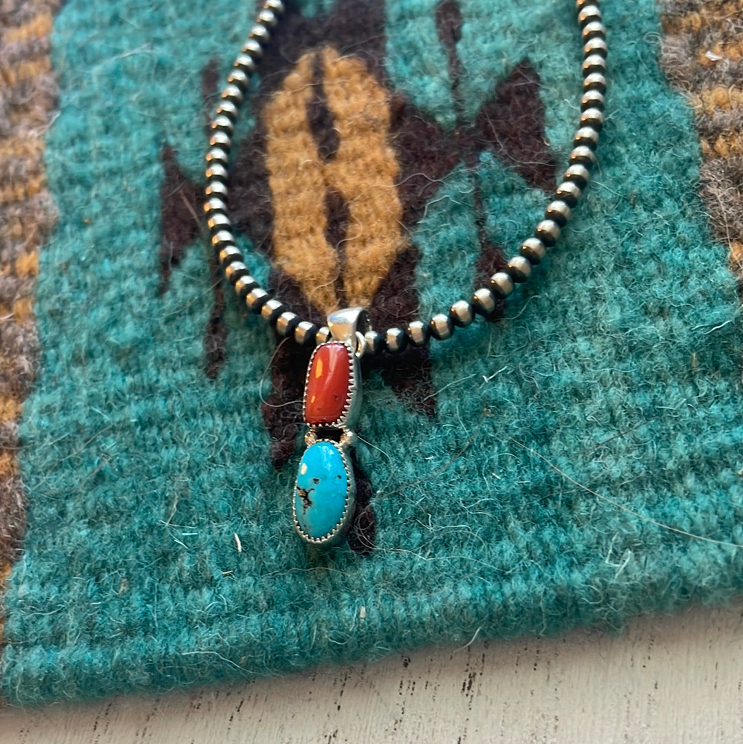 Navajo Sterling Silver, Coral & Turquoise 2 Stone Pendant