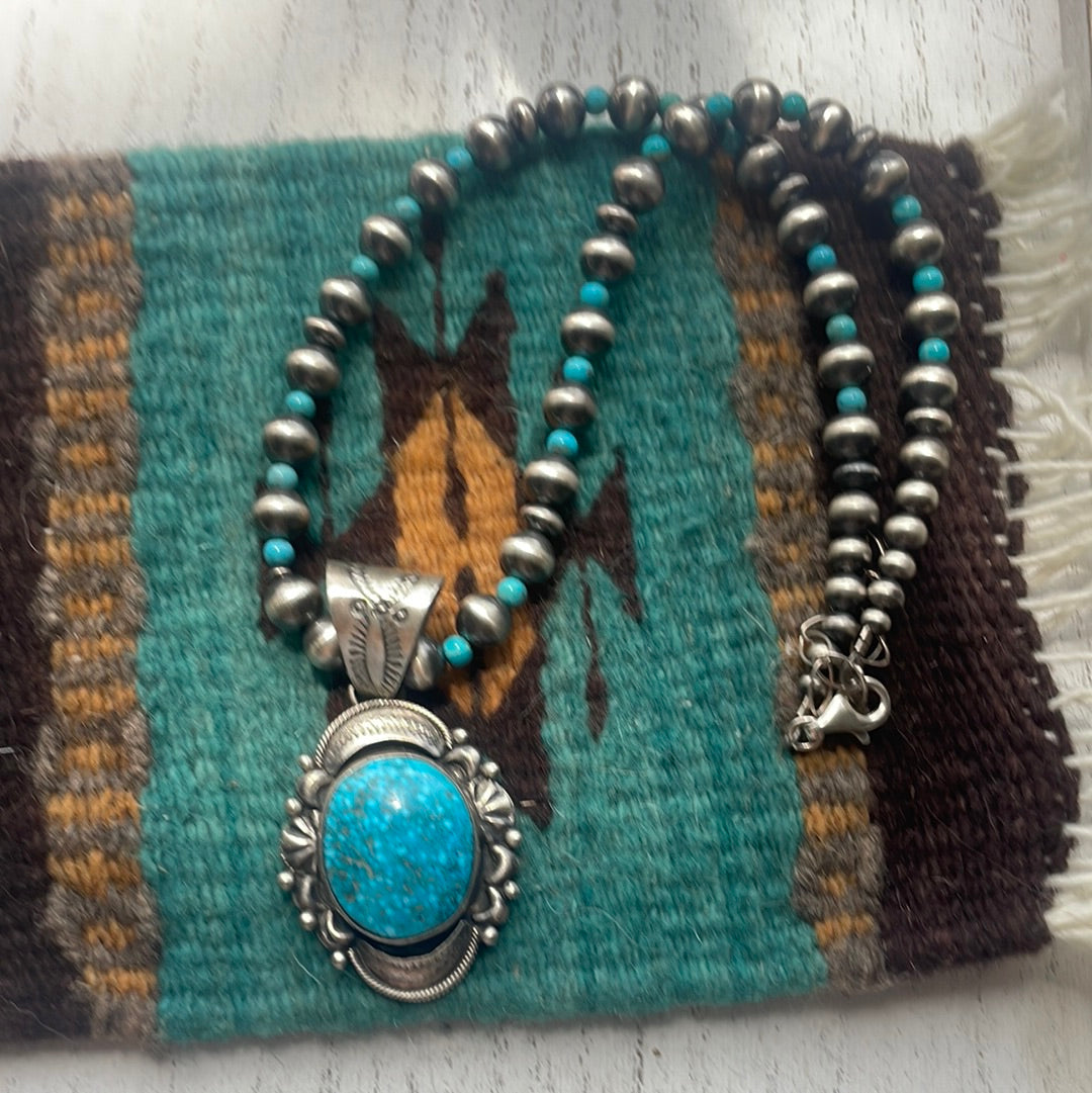 Beautiful Navajo Sterling Silver Turquoise Necklace Signed