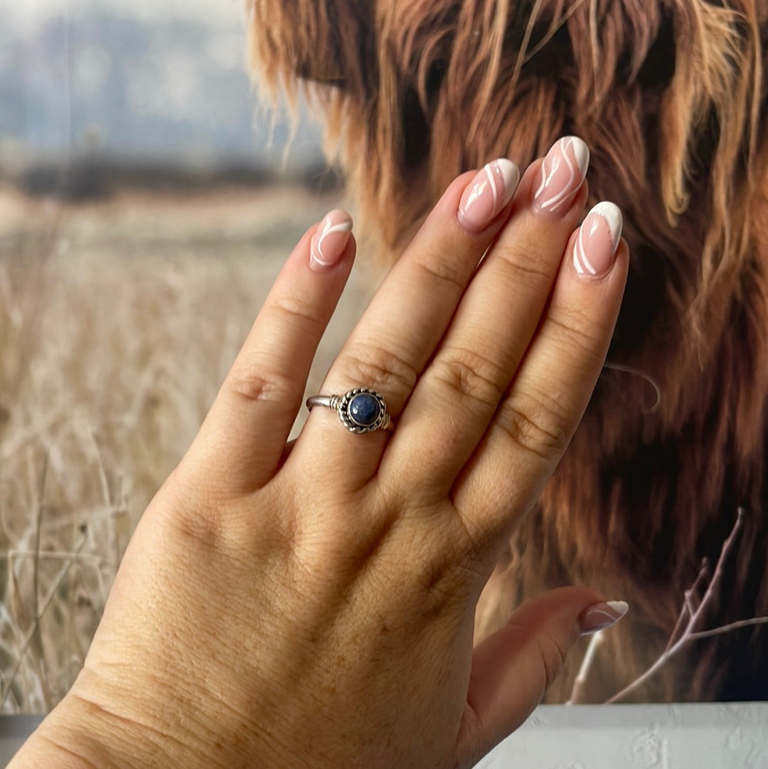 Navajo Sterling Silver Single Stone Lapis Braided Edge Ring