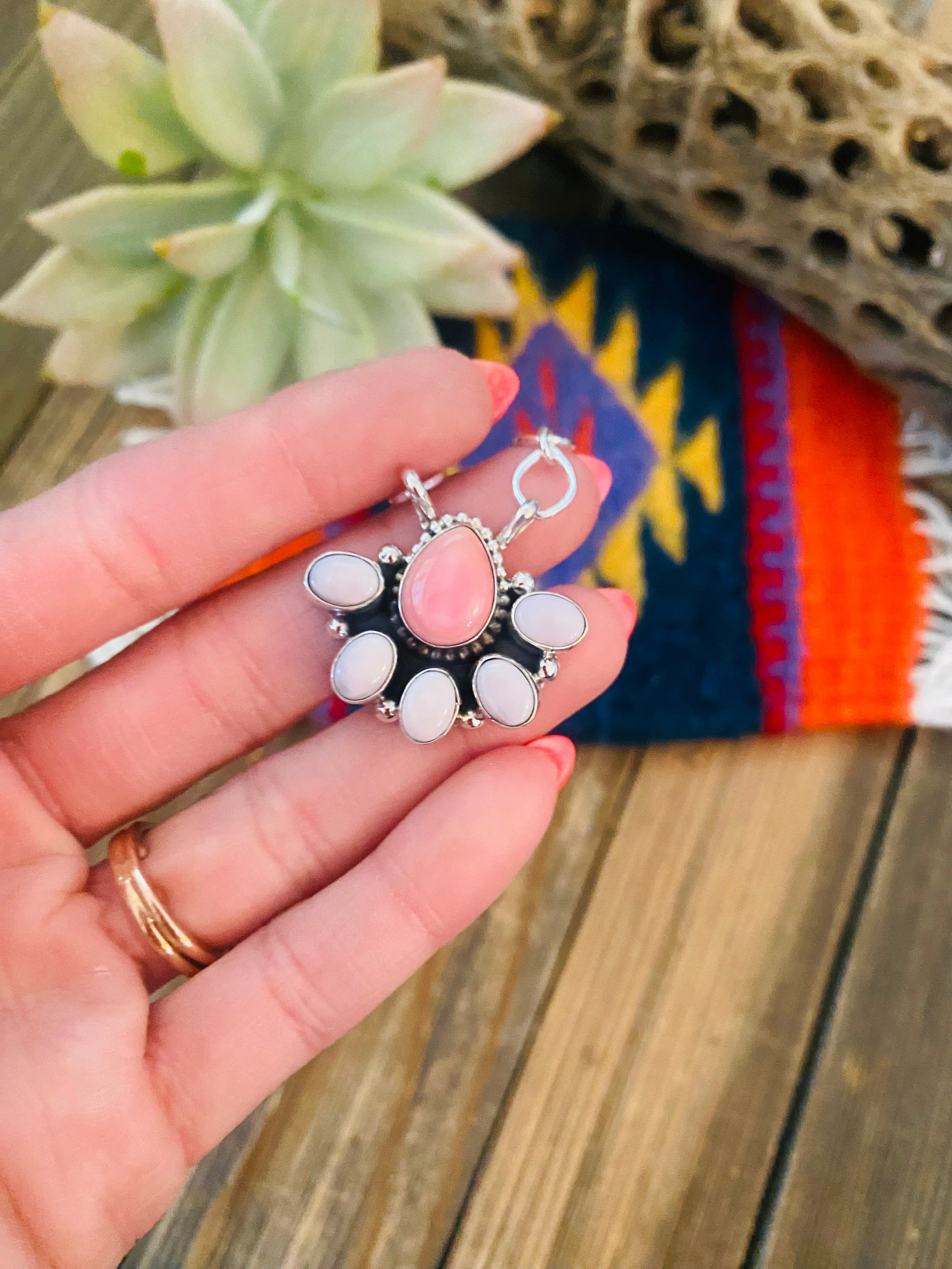 Navajo Sterling Silver & Pink Conch Shell Cluster Necklace