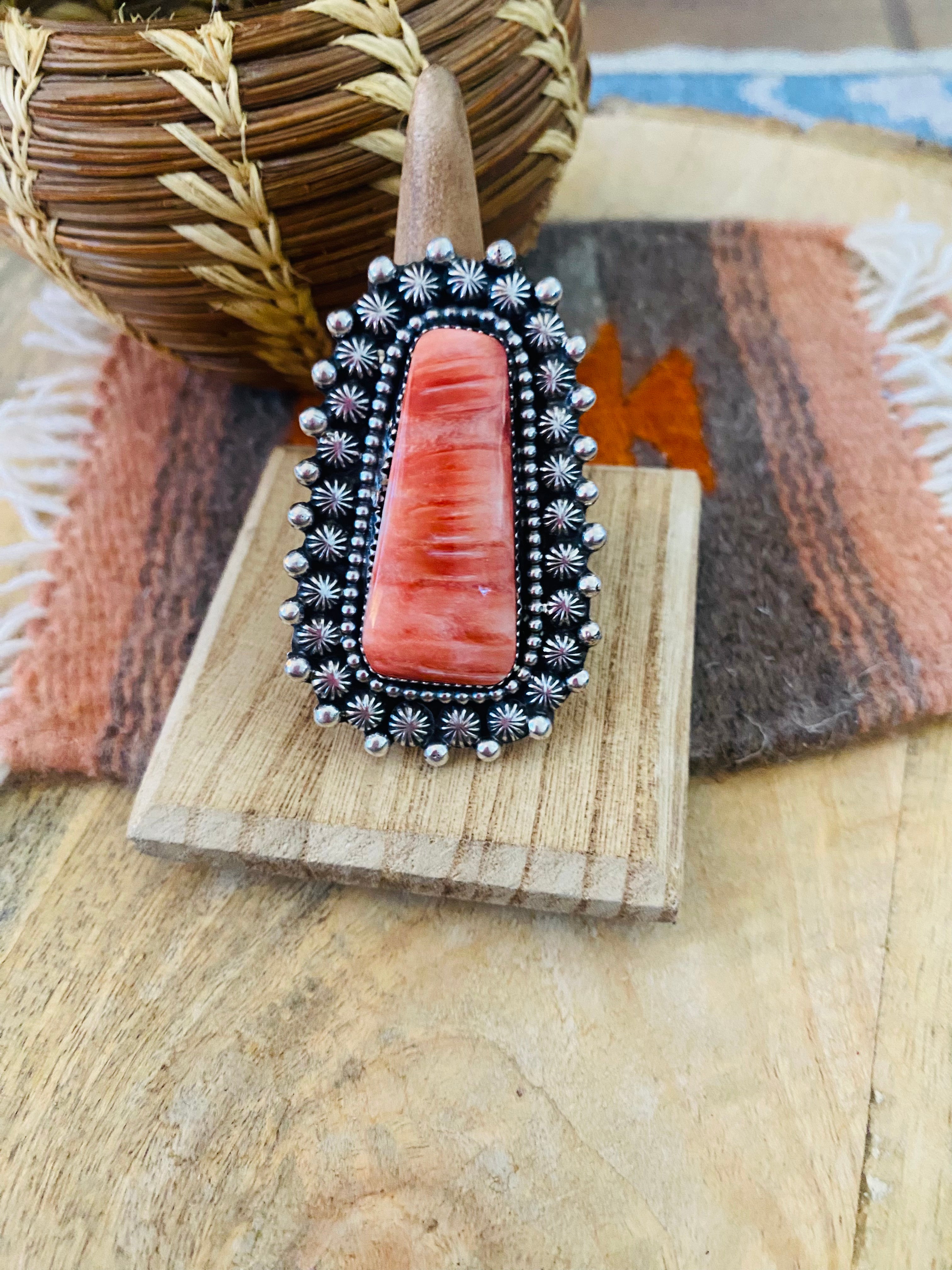 Navajo Orange Spiny & Sterling Silver Adjustable Ring