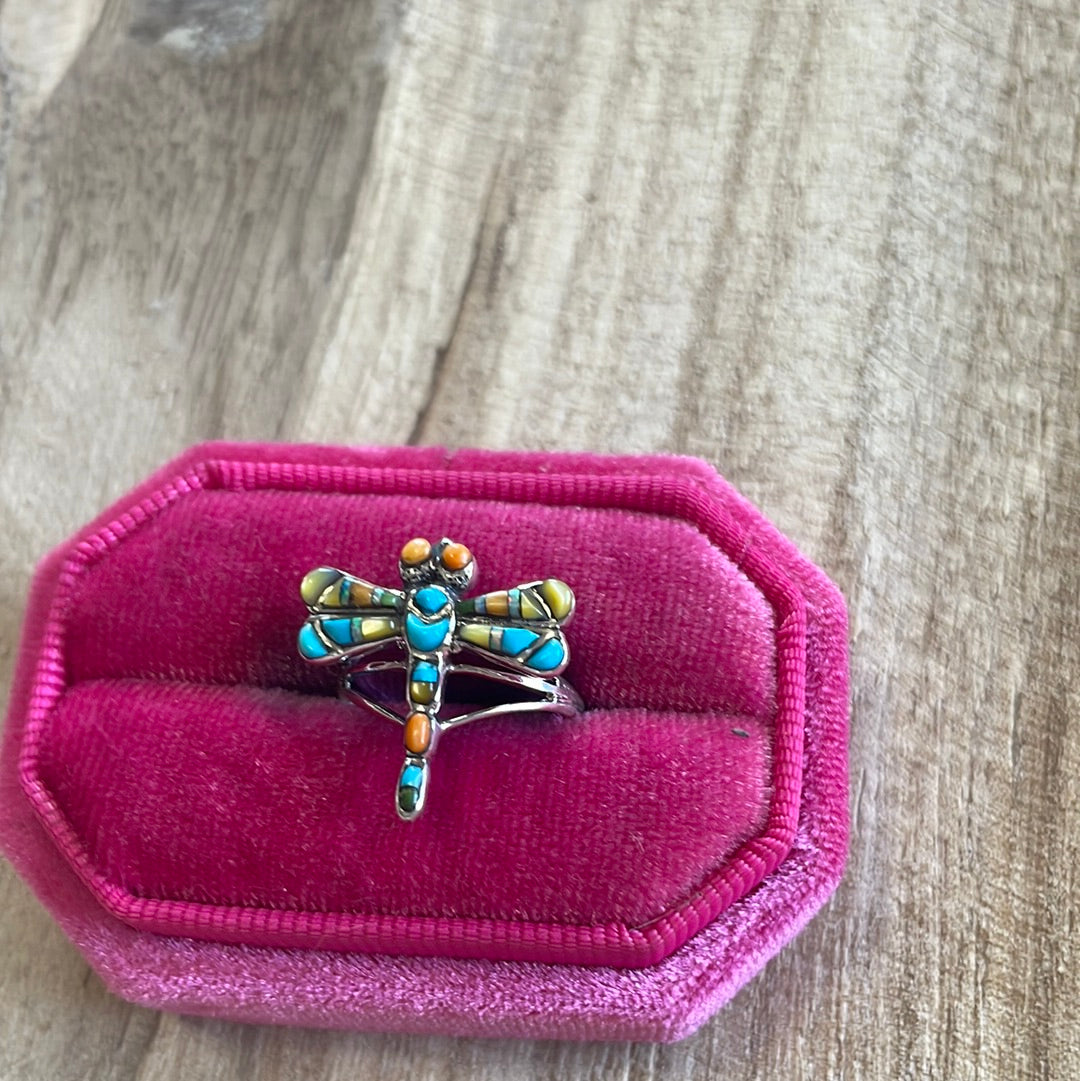 Navajo Sterling Silver Multi Stone Dragonfly Ring Signed