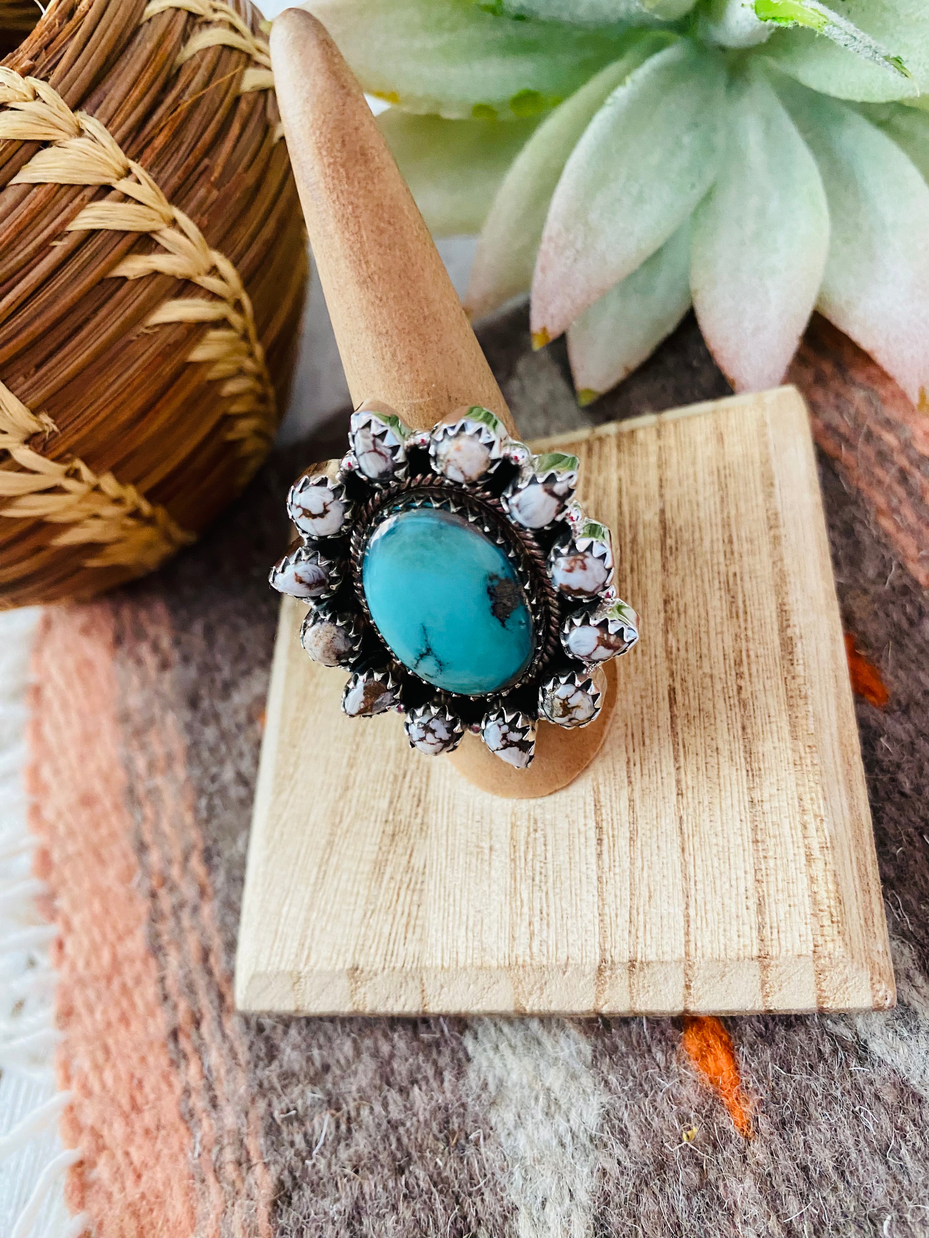 Handmade Sterling Silver, Turquoise & Wild Horse Cluster Adjustable Ring