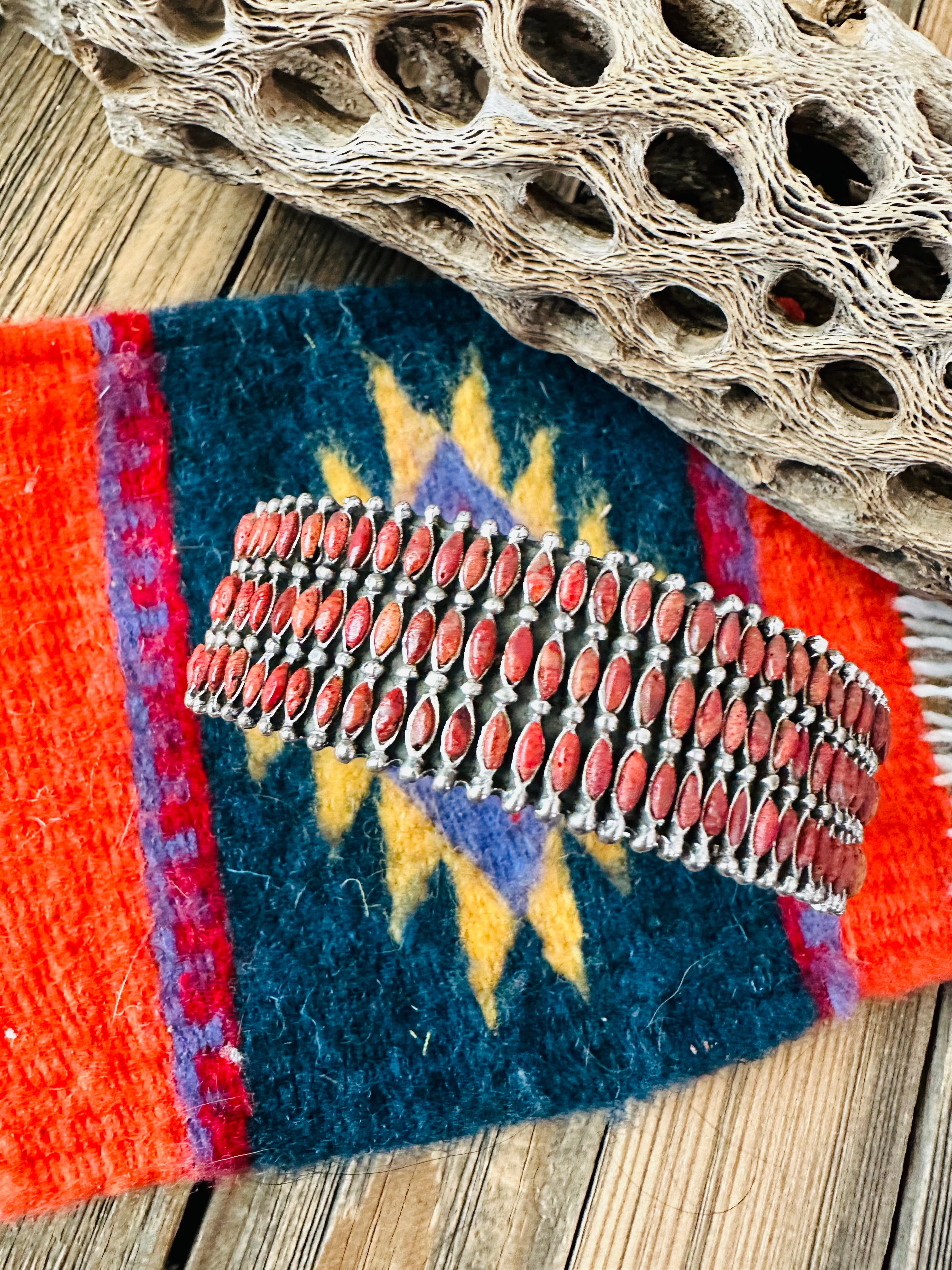 Nizhoni Handmade Sterling Silver & Coral Cuff Bracelet /