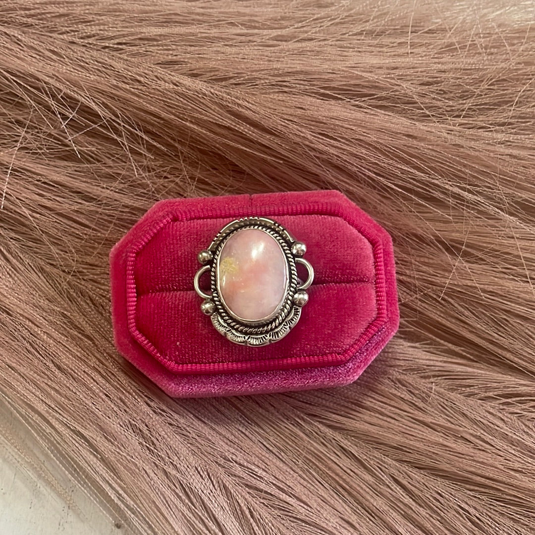 Gorgeous Navajo Pink Peruvian Opal And Sterling Silver Adjustable Ring