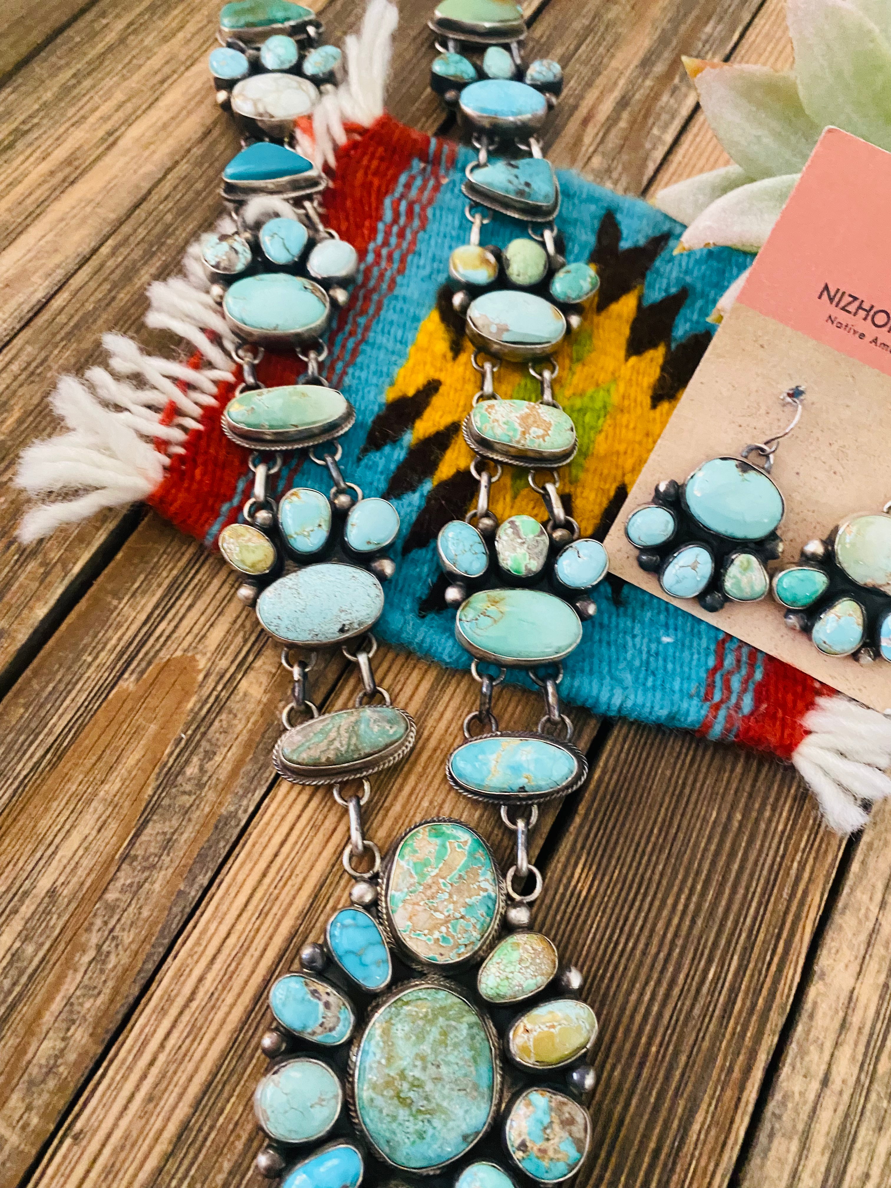 Stunning Navajo Carico Lake Turquoise & Sterling Silver Necklace Set