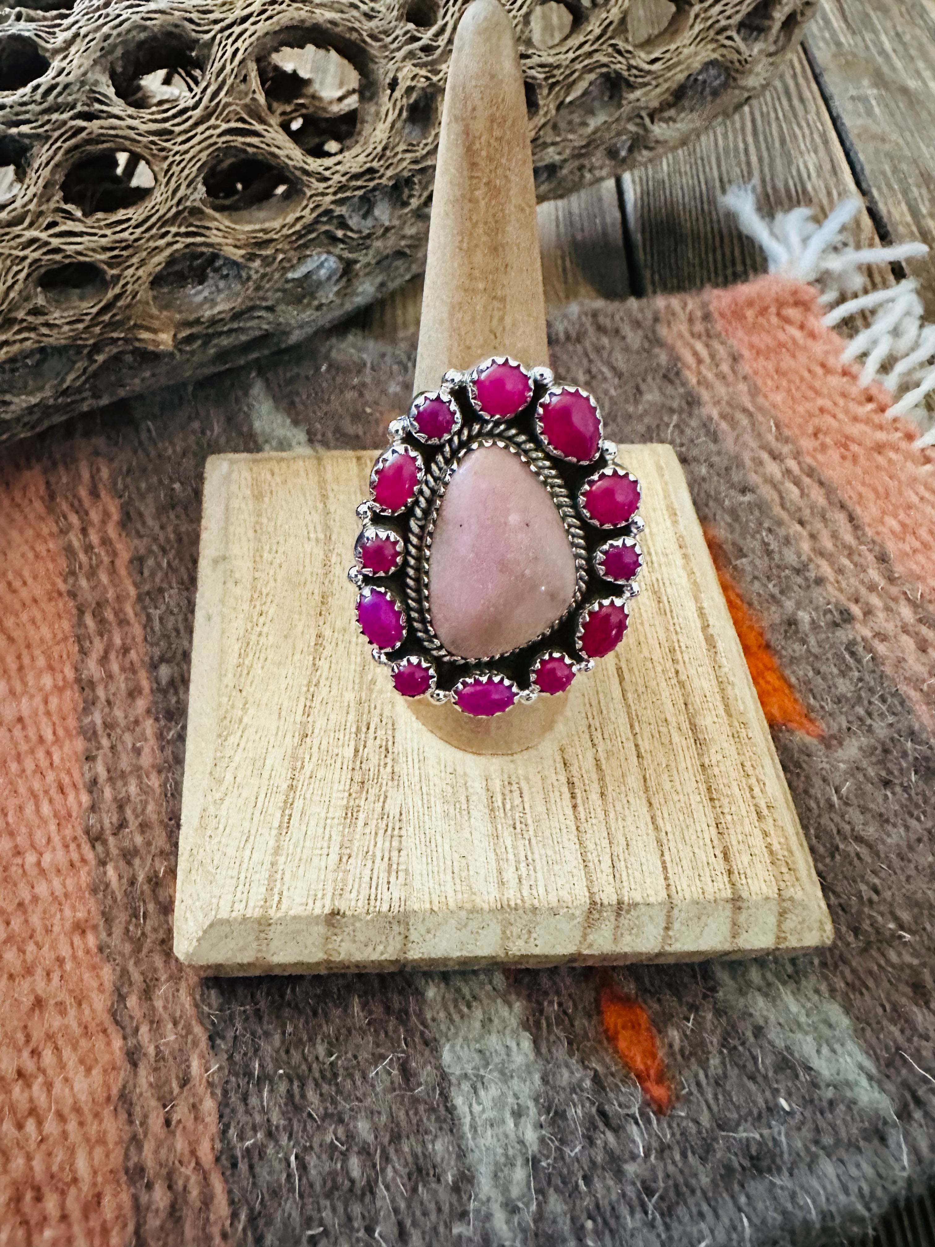 Handmade Sterling Silver, Patalite & Pink Onyx Cluster Adjustable Ring