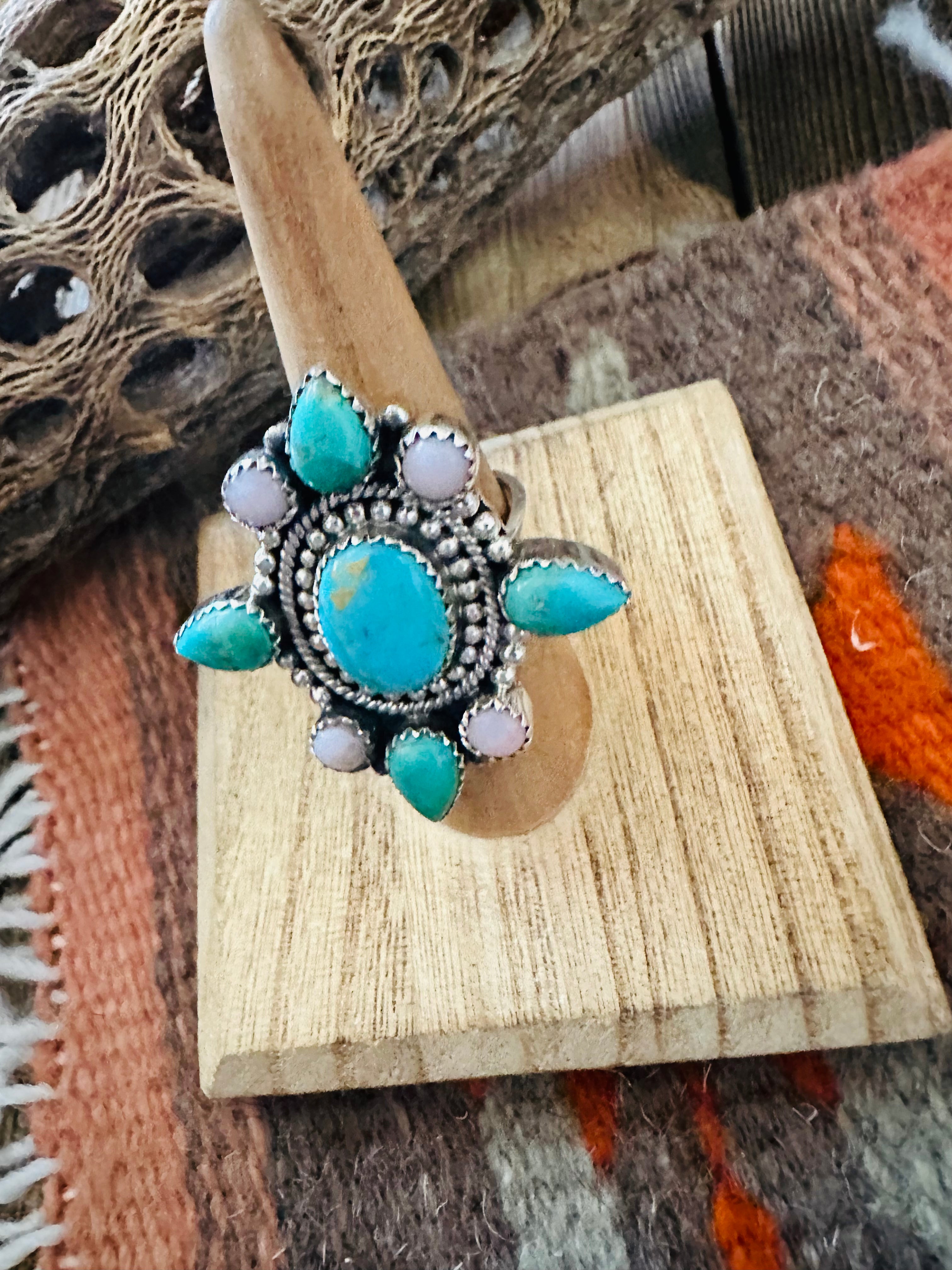 Handmade Sterling Silver, Pink Conch & Turquoise Cluster Adjustable Ring