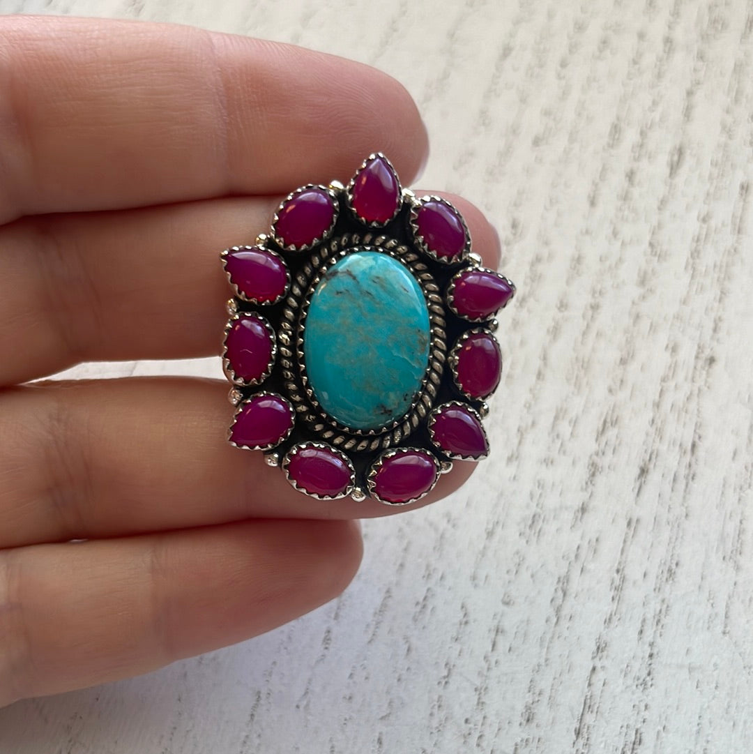 Handmade Pink Onyx & Turquoise Sterling Silver Adjustable Ring Signed Nizhoni