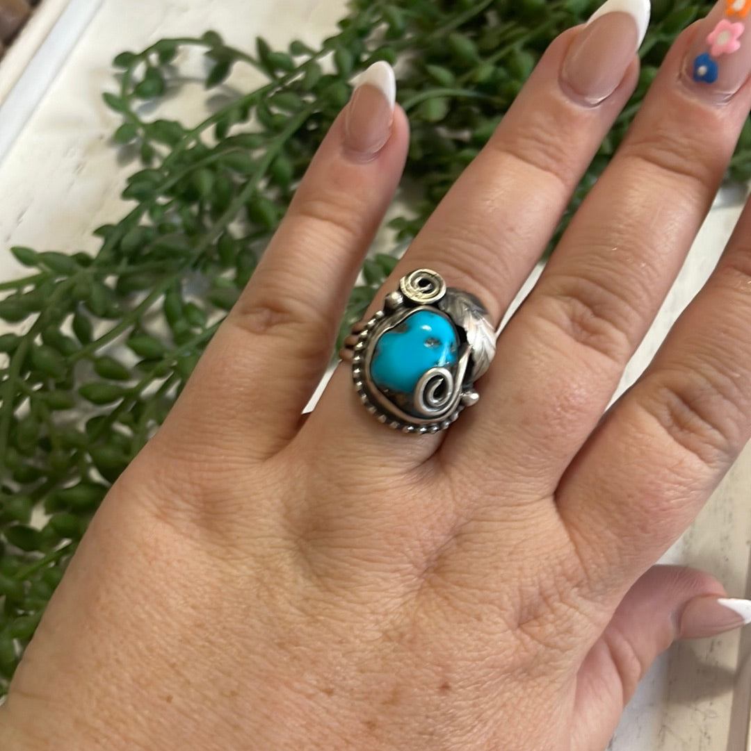 Navajo Turquoise & Sterling Silver Feather Ring Signed Size 8.75