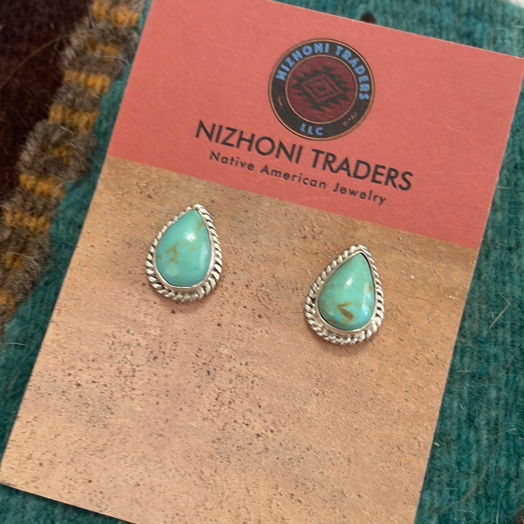 Navajo Sterling Silver &  Turquoise Tear Drop Stud Earrings Signed