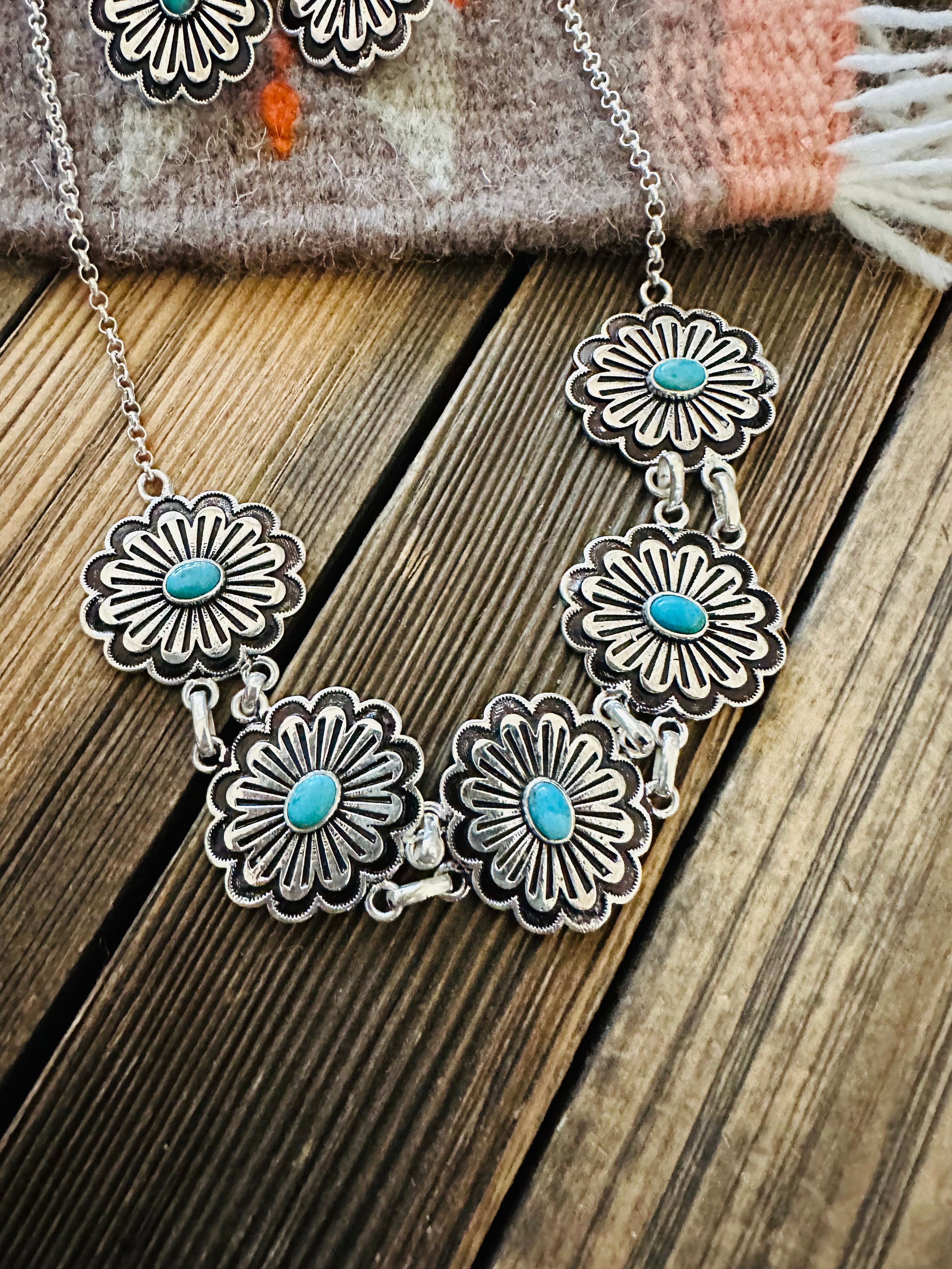 Handmade Sterling Silver & Turquoise Flower Necklace Set