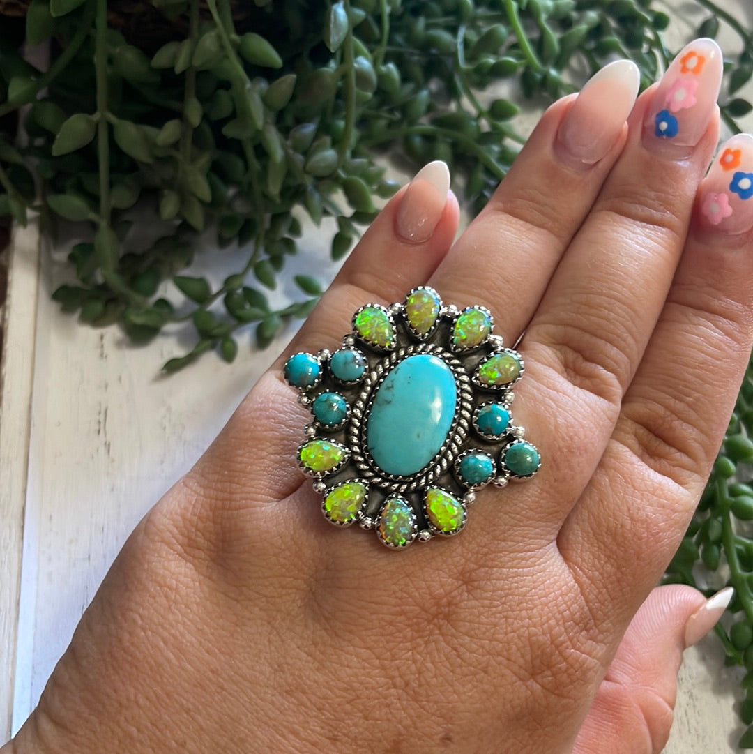 Nizhoni Handmade Fire Opal, Turquoise And Sterling Silver Adjustable Ring