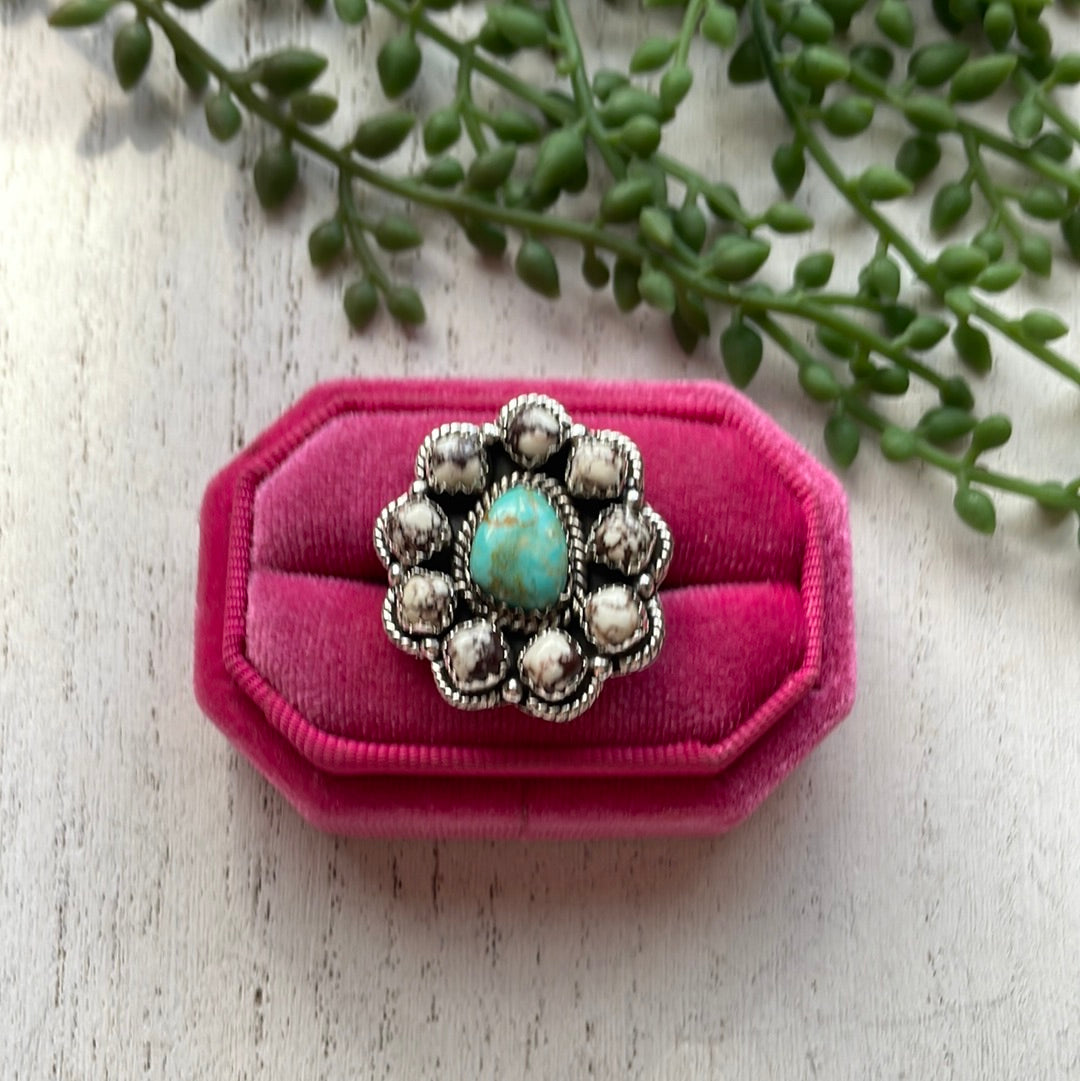 Nizhoni Handmade Turquoise, Wild Horse & Sterling Silver Adjustable Flower Ring