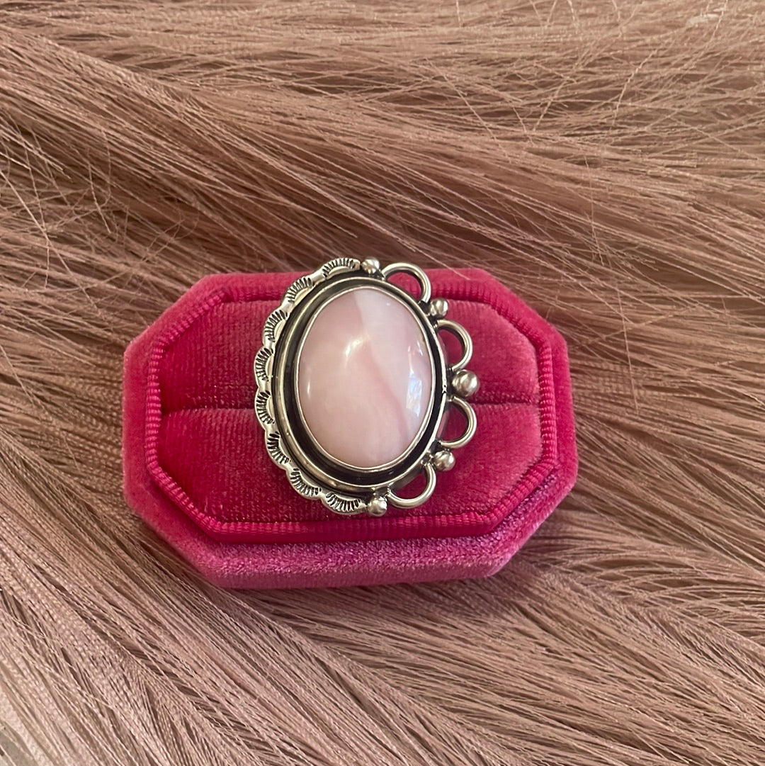 Gorgeous Navajo Pink Peruvian Opal And Sterling Silver Adjustable Ring