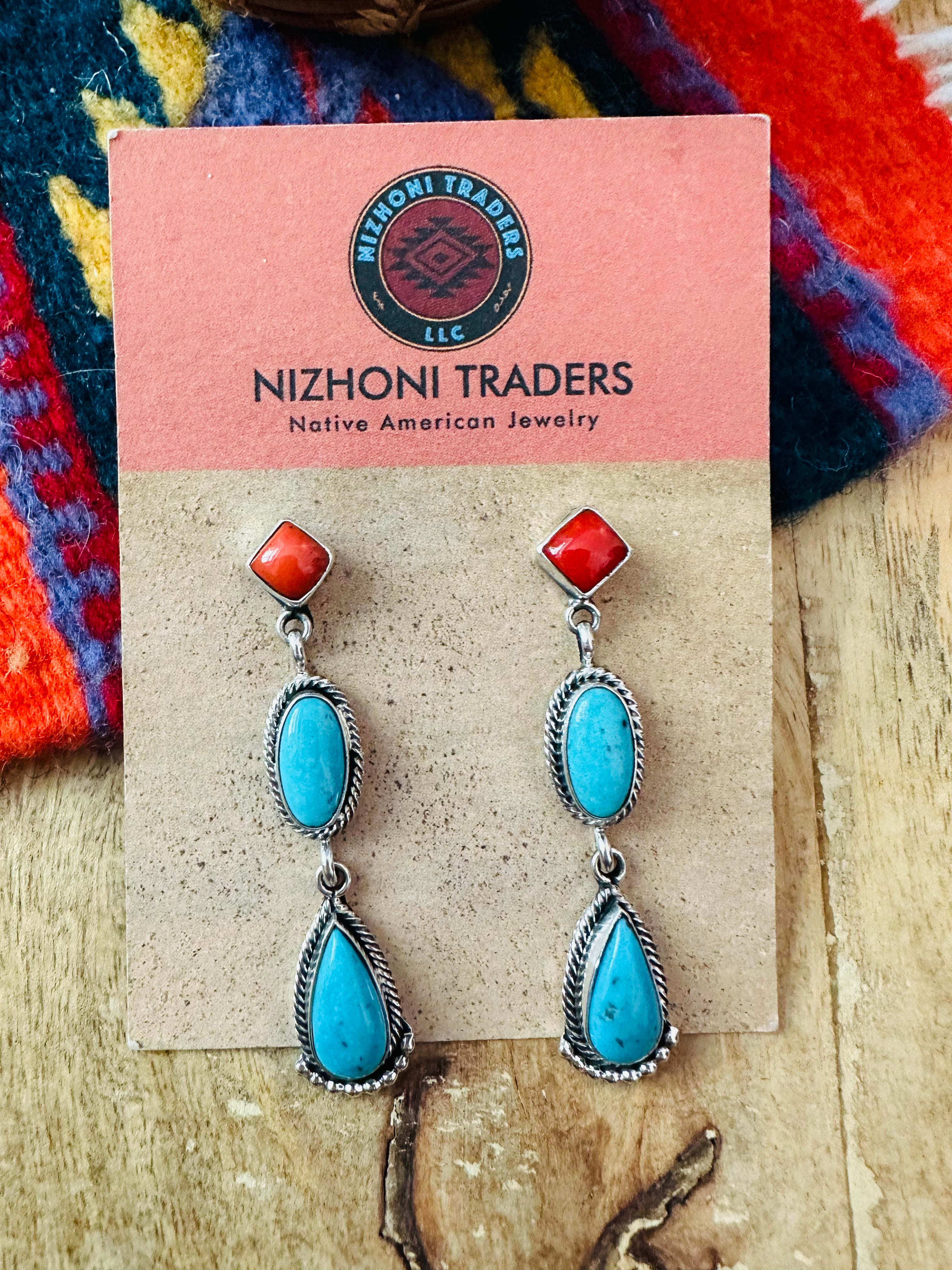 Navajo Turquoise, Coral & Sterling Silver Dangle Earrings