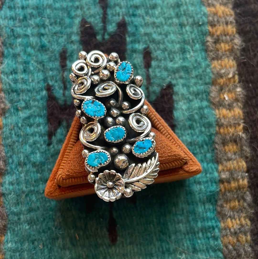 Navajo Sterling Silver & Turquoise Flower Ring Size 11.5