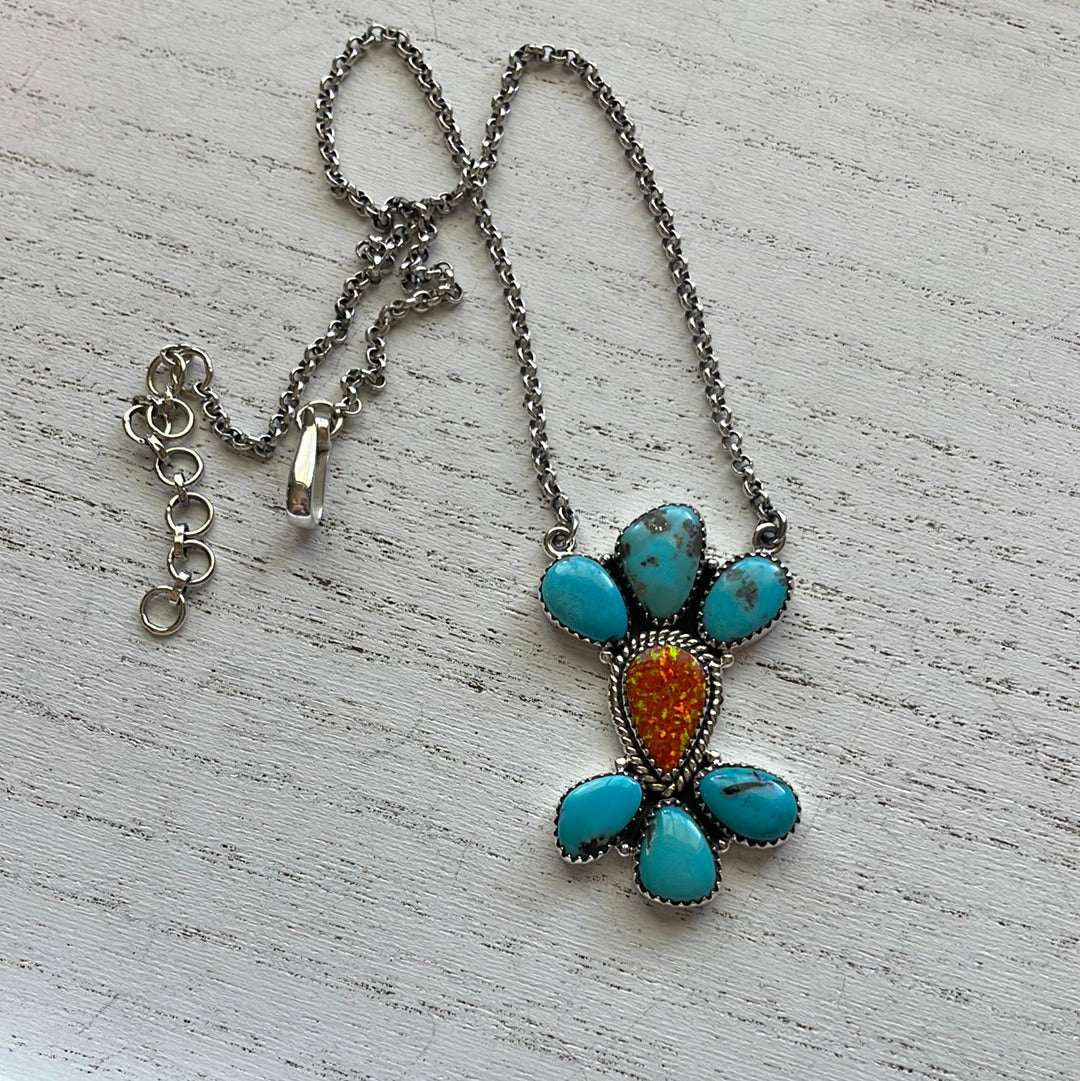 Handmade Sterling Silver, Fire Opal, & Turquoise Necklace Signed Nizhoni