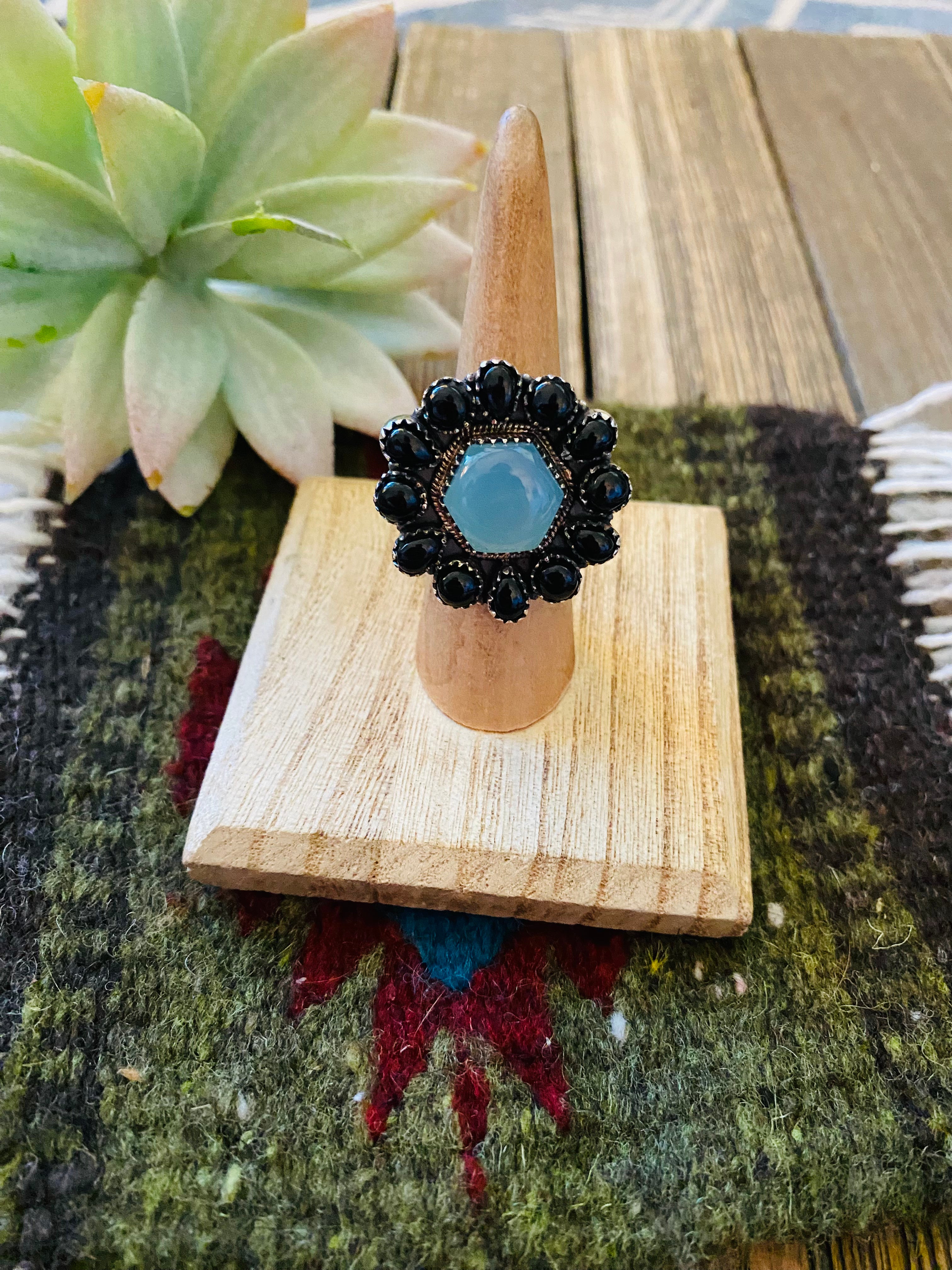 Handmade Sterling Silver, Opalite & Onyx Cluster Adjustable Ring