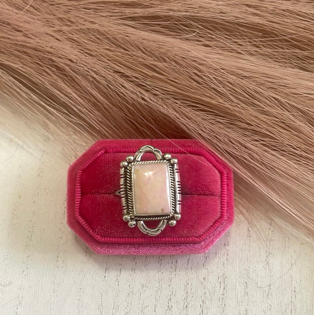 Gorgeous Navajo Pink Peruvian Opal And Sterling Silver Adjustable Ring