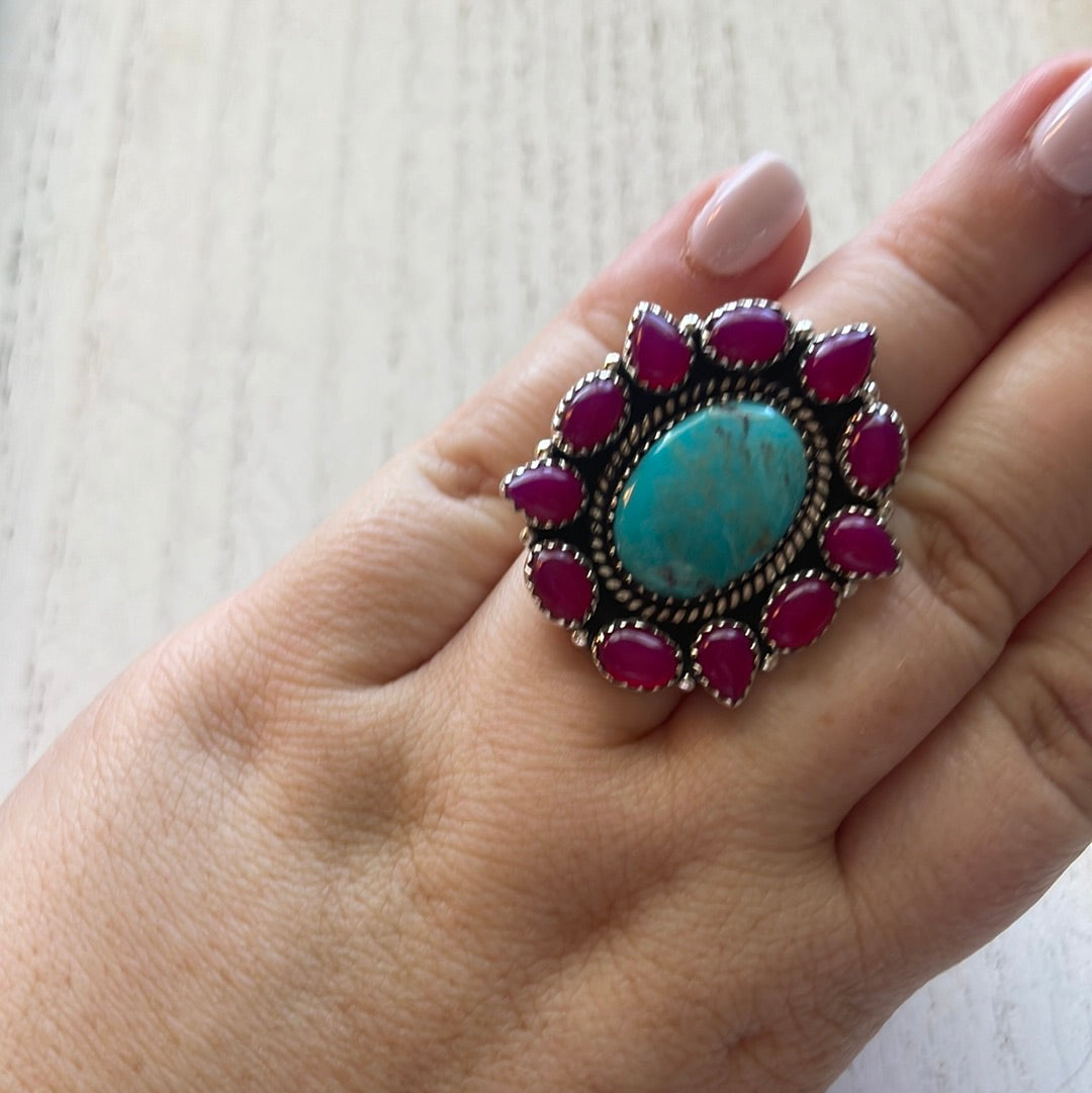 Handmade Pink Onyx & Turquoise Sterling Silver Adjustable Ring Signed Nizhoni