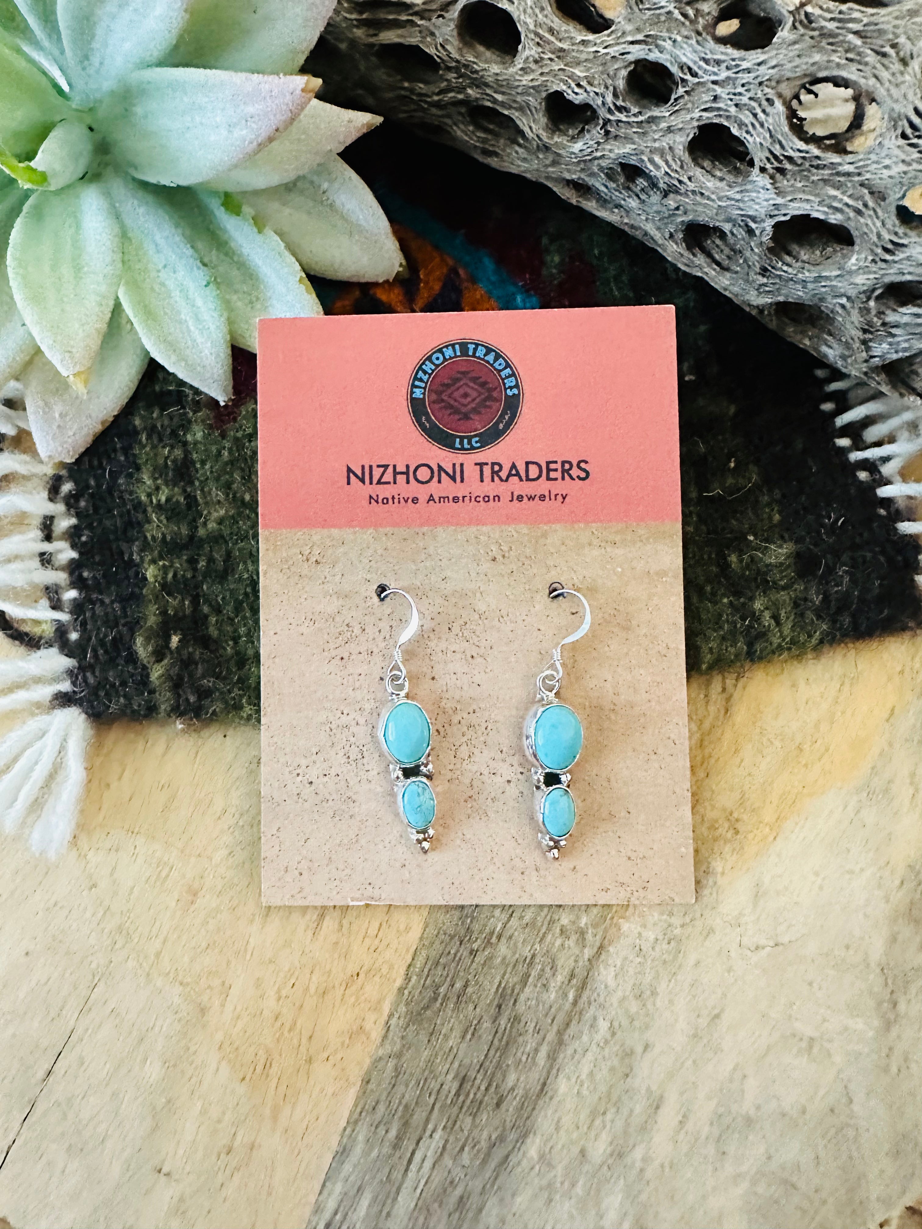 Navajo Turquoise & Sterling Silver Two Stone Dangle Earrings