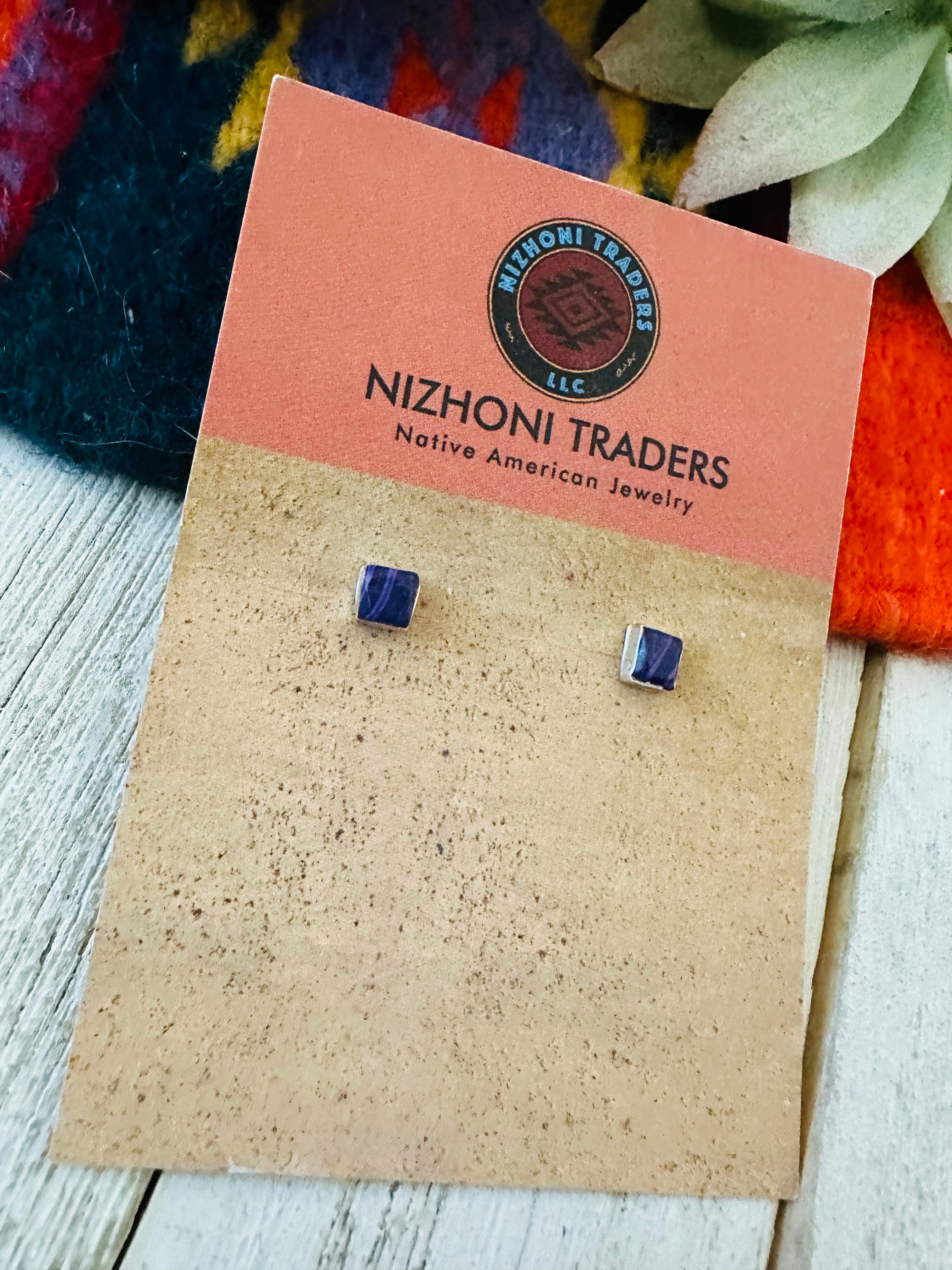 Navajo Charoite & Sterling Silver Diamond Stud Earrings