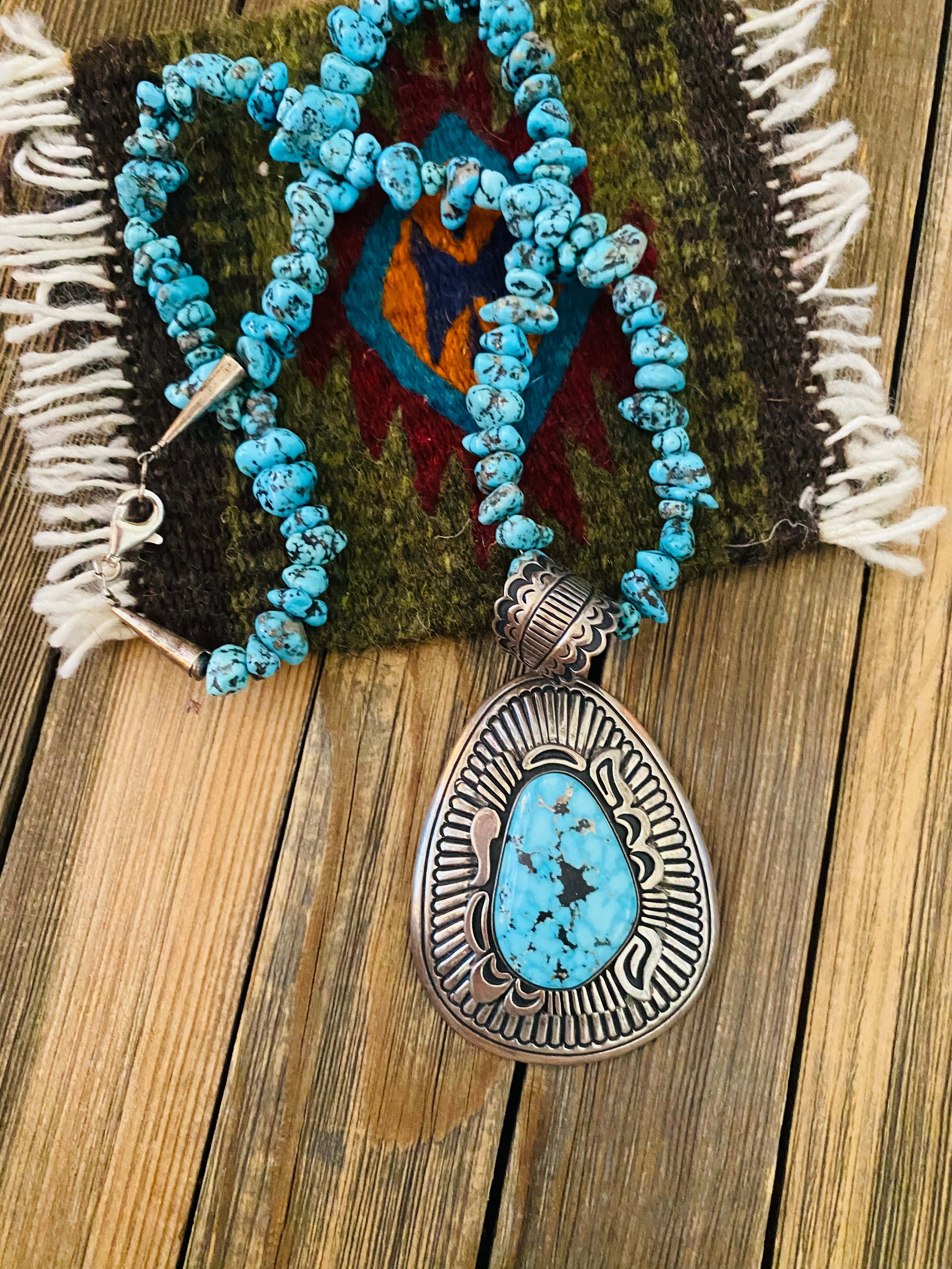 Navajo Sterling Silver & Kingman Turquoise Beaded Necklace