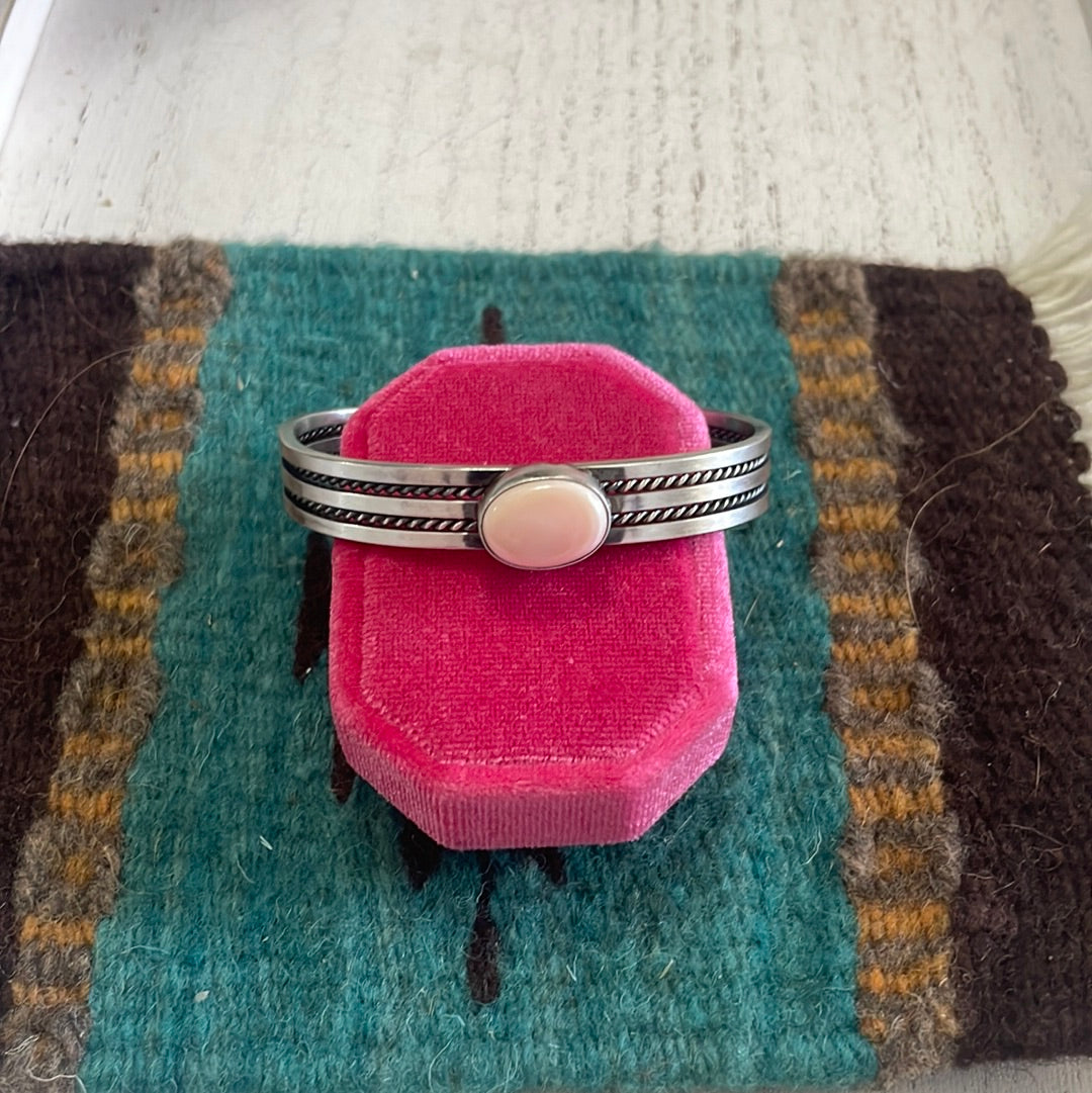 Navajo Pink Conch & Sterling Silver Adjustable Oval Cuff Bracelet Signed Tahe