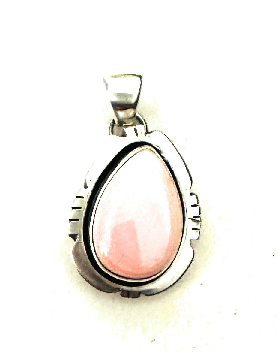 Navajo Queen Pink Conch Shell & Sterling Silver Shadowbox Teardrop Pendant