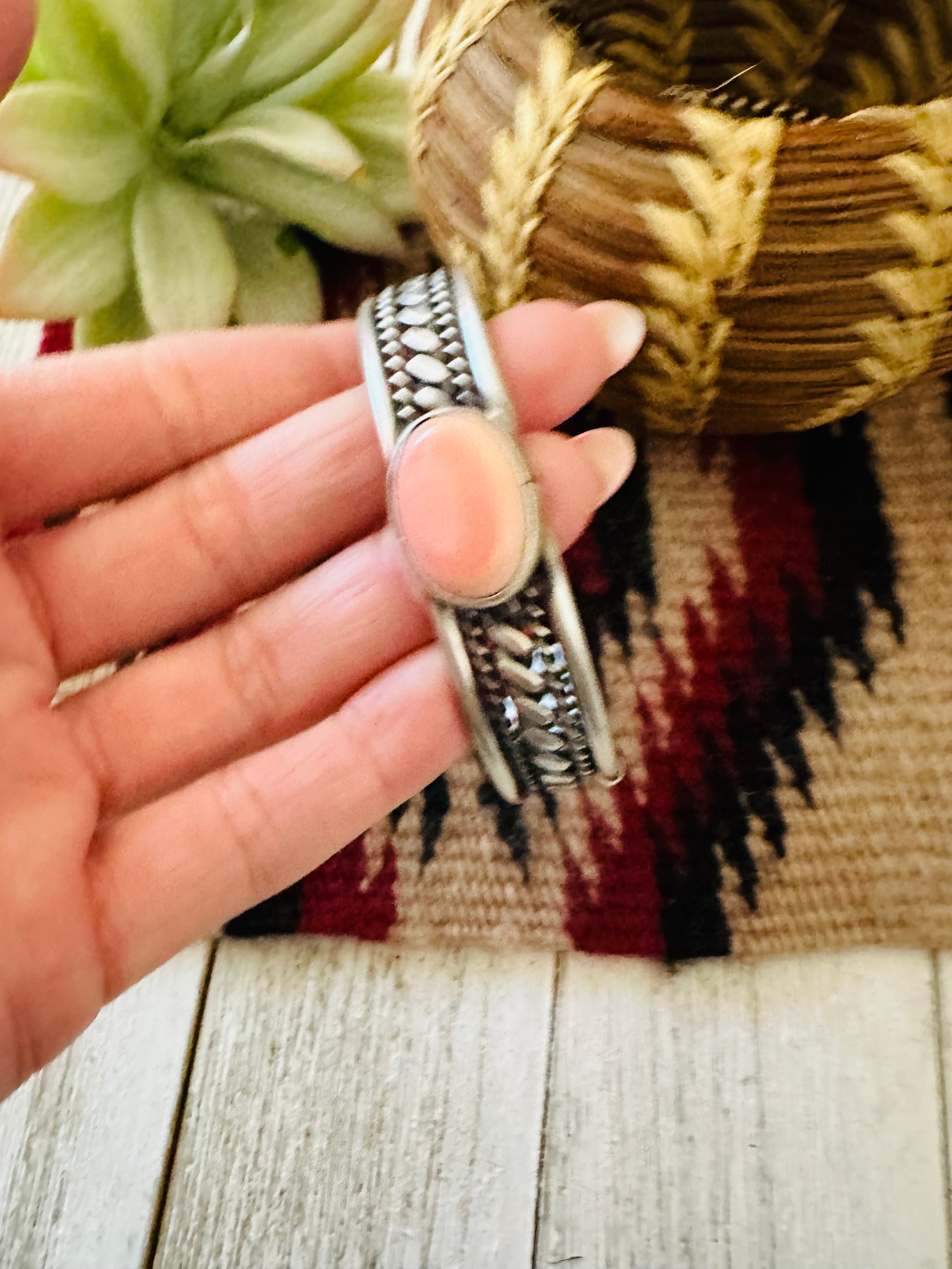 Navajo Queen Pink Conch Shell & Sterling Silver Cuff Bracelet