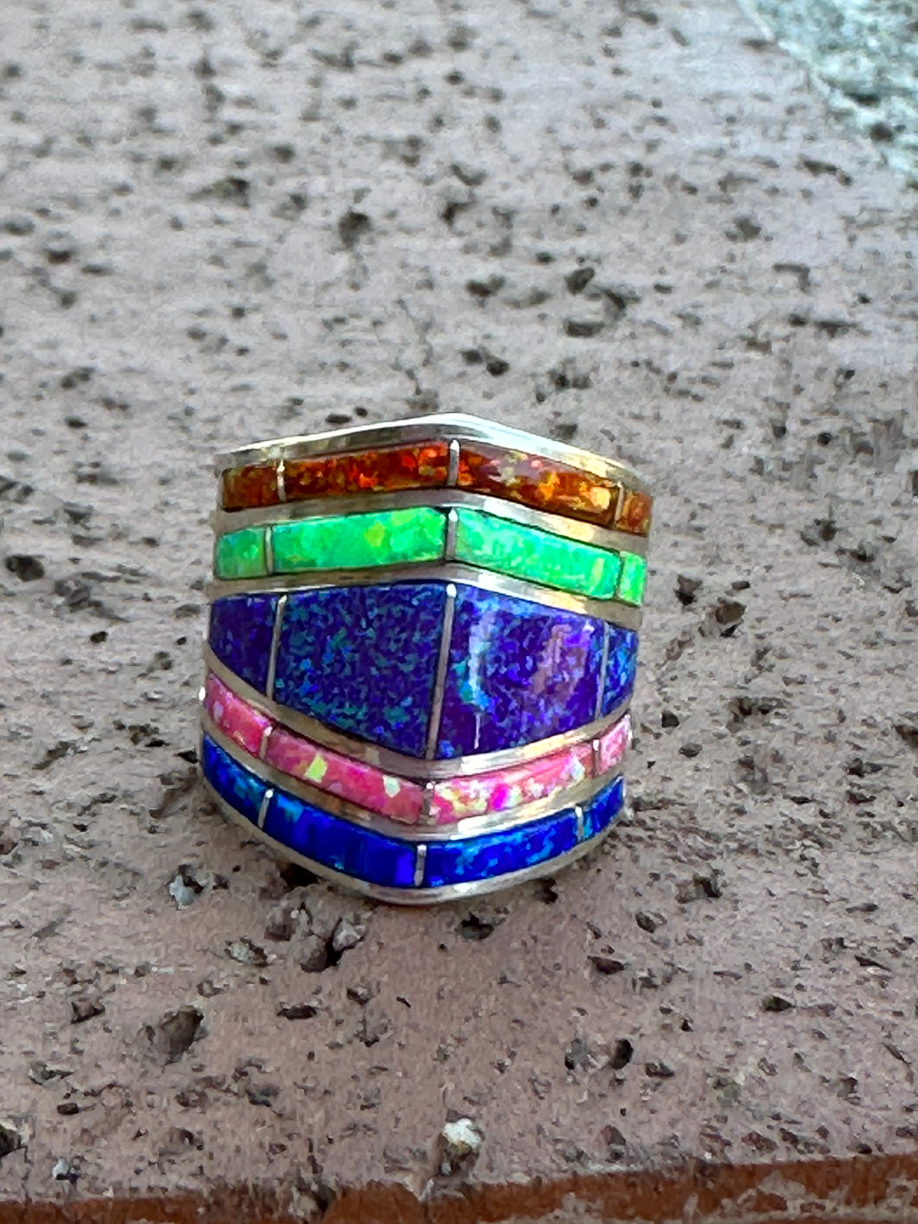 Zuni Sterling Silver Tri Color Opal Inlay  Stacker Ring