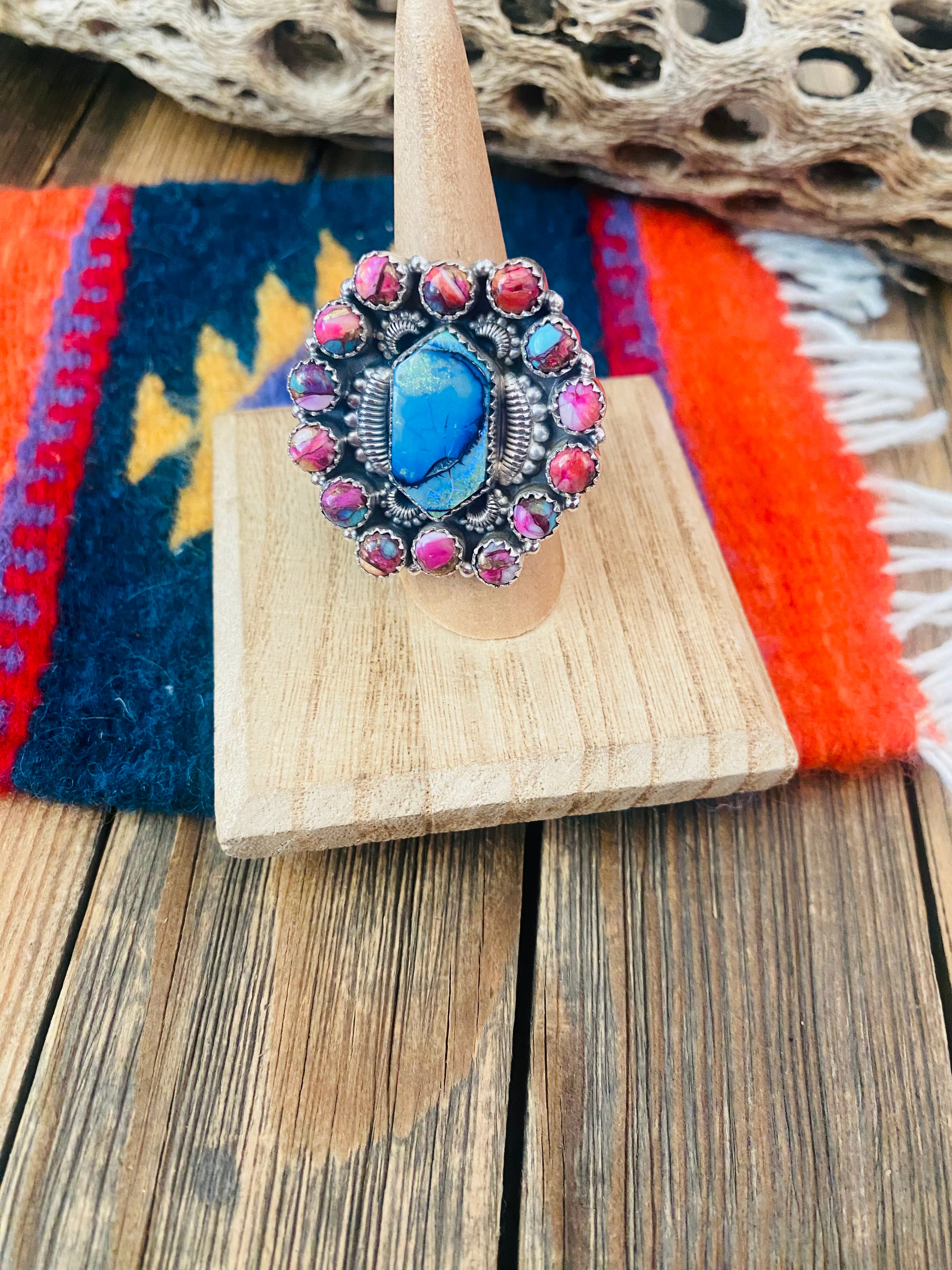 Handmade Sterling Silver, Pink Dream & Opal Cluster Adjustable Ring