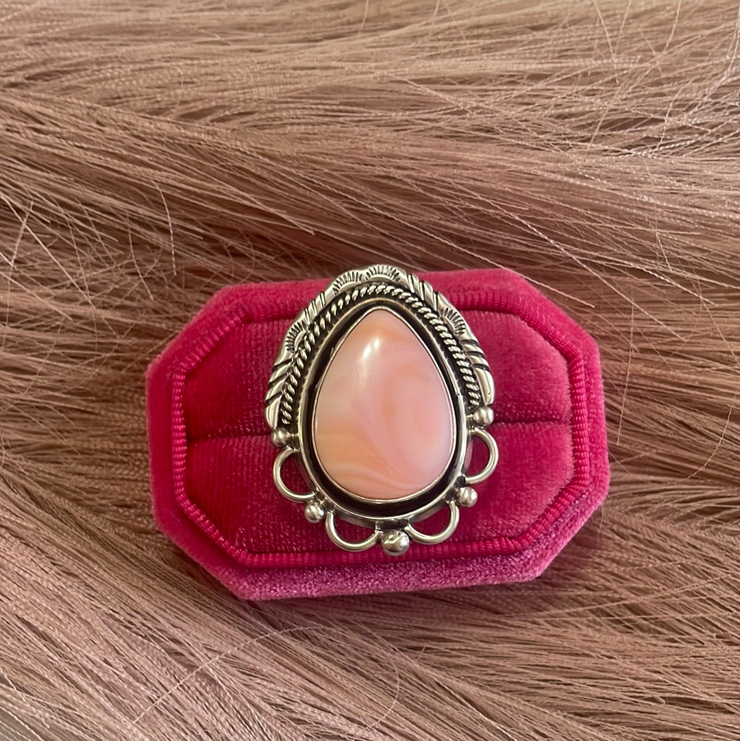 Gorgeous Navajo Pink Peruvian Opal And Sterling Silver Adjustable Ring