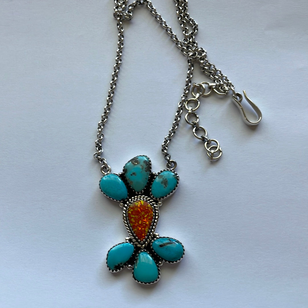 Handmade Sterling Silver, Fire Opal, & Turquoise Necklace Signed Nizhoni