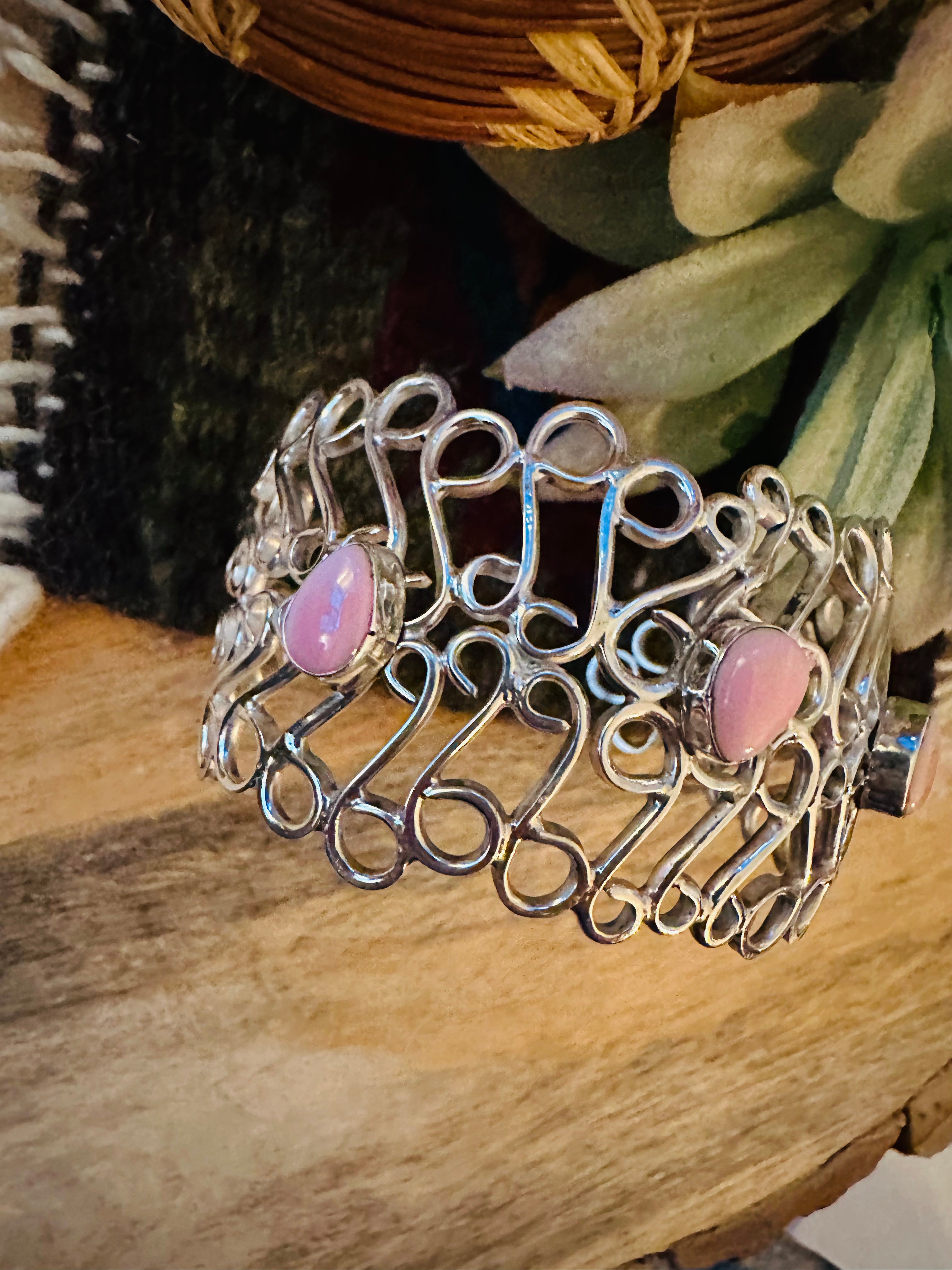 Navajo Queen Pink Conch Shell & Sterling Silver Cuff Bracelet