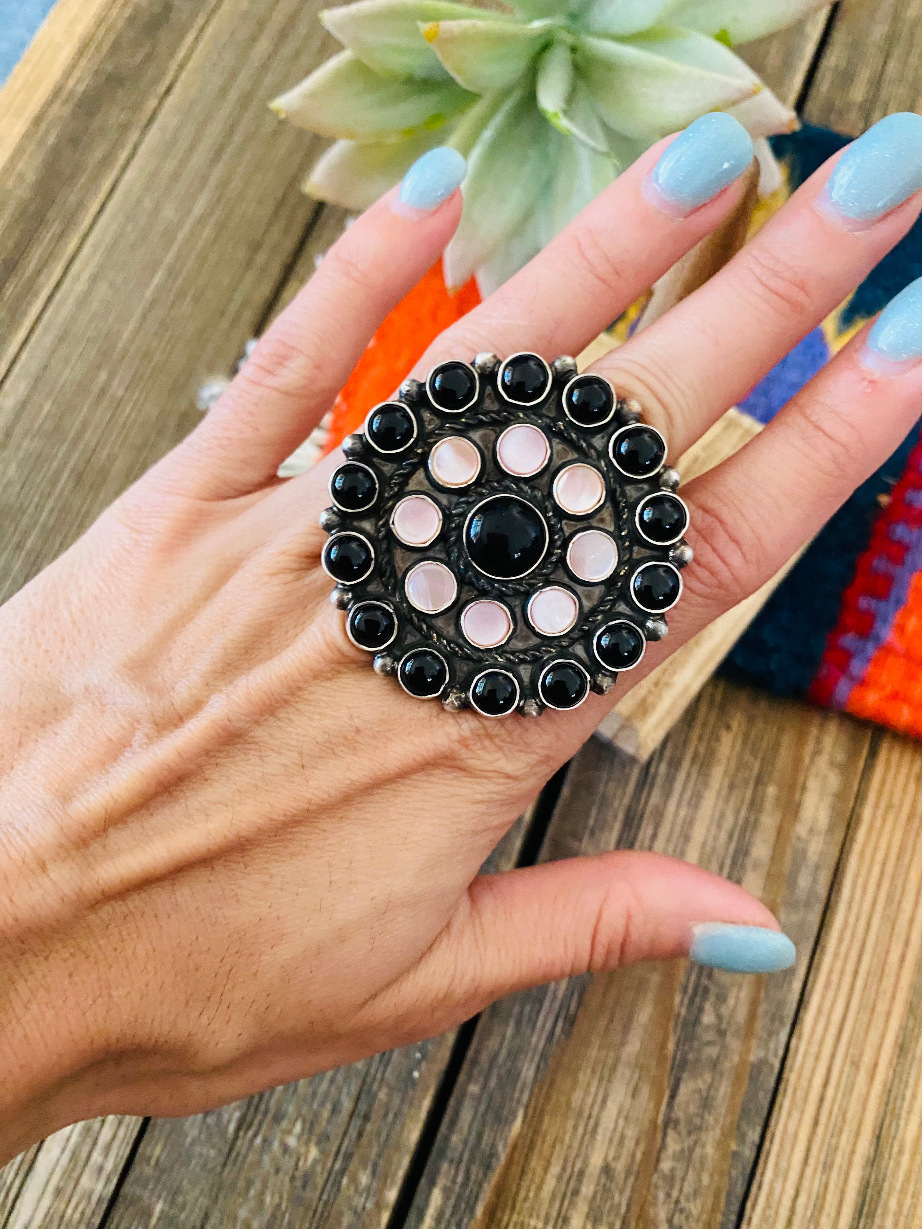 Navajo Sterling Silver, Onyx & Mother of Pearl Cluster Ring Size 9