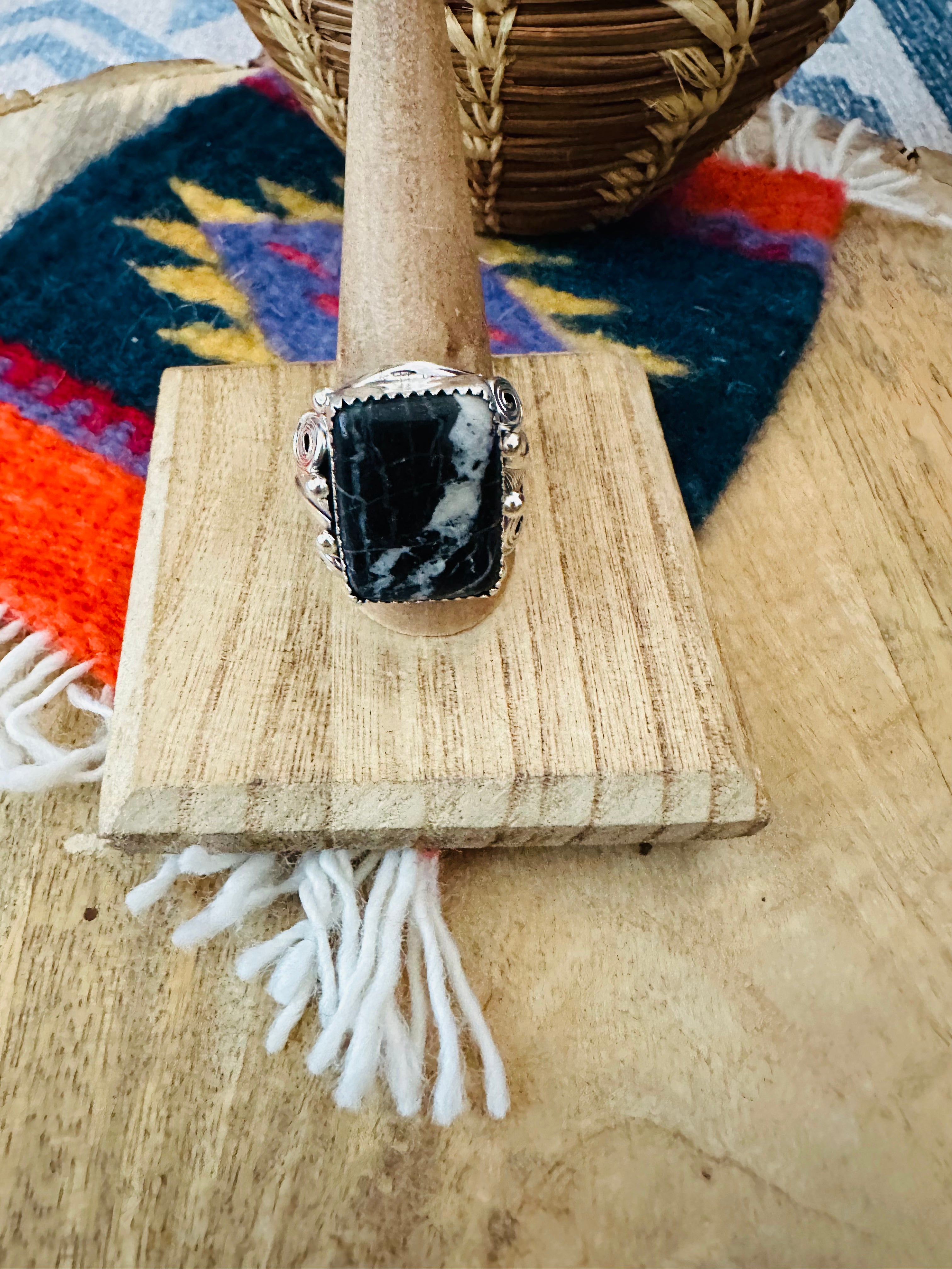 Navajo Sterling Silver & White Buffalo Band Ring Signed