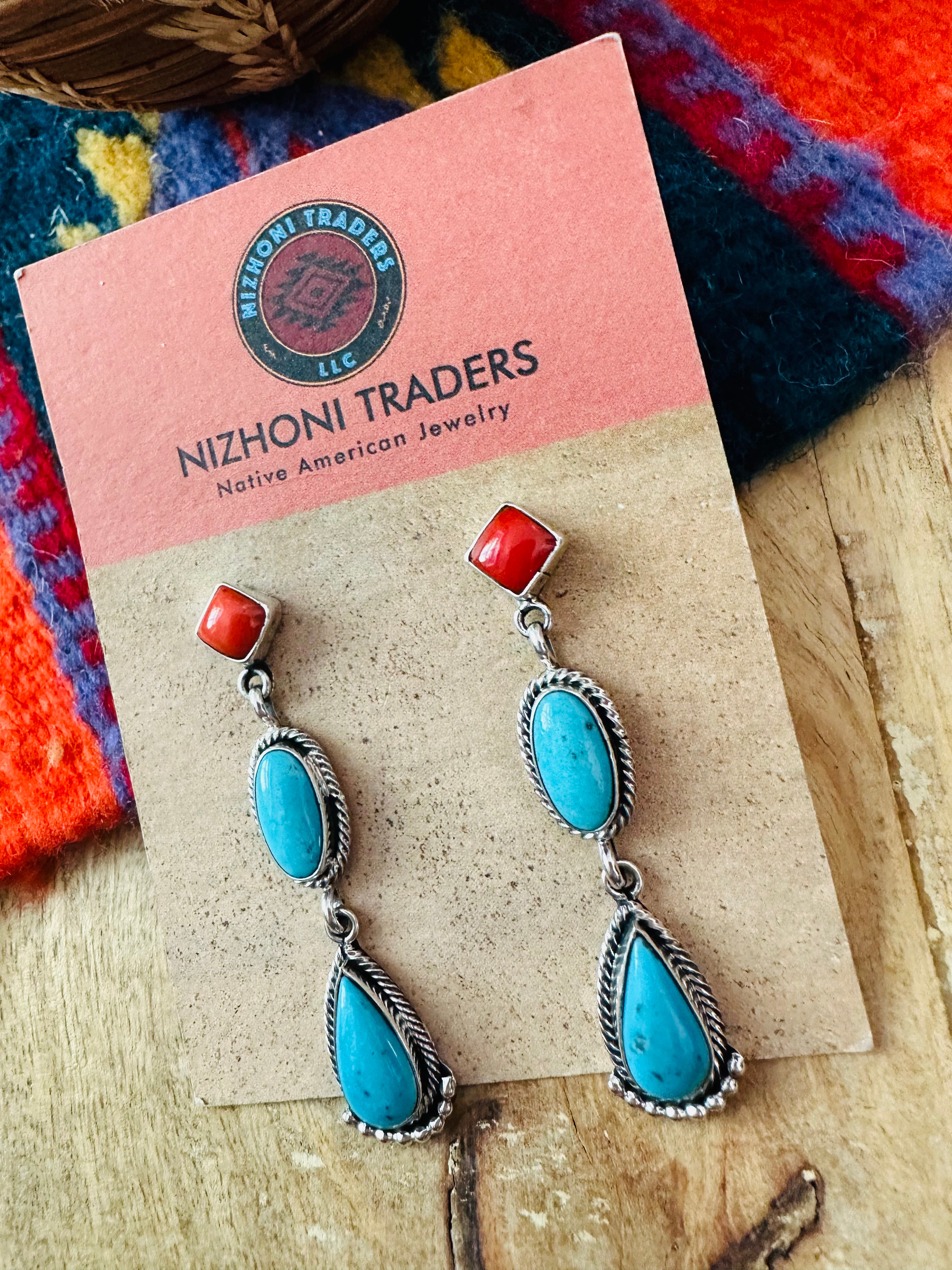 Navajo Turquoise, Coral & Sterling Silver Dangle Earrings